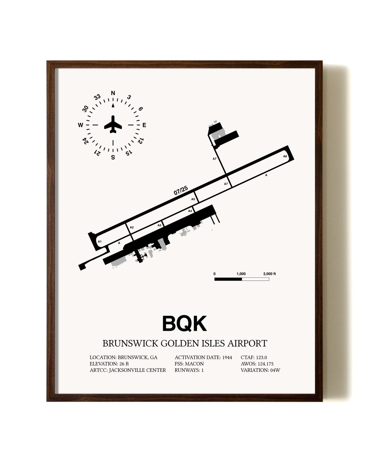 Brunswick Golden Isles Airport aviation print in walnut frame
