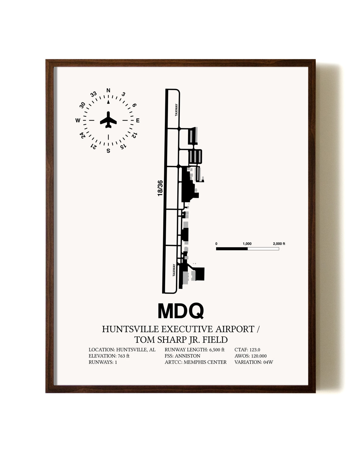 Huntsville Executive Airport / Tom Sharp Jr. Field aviation print in walnut frame