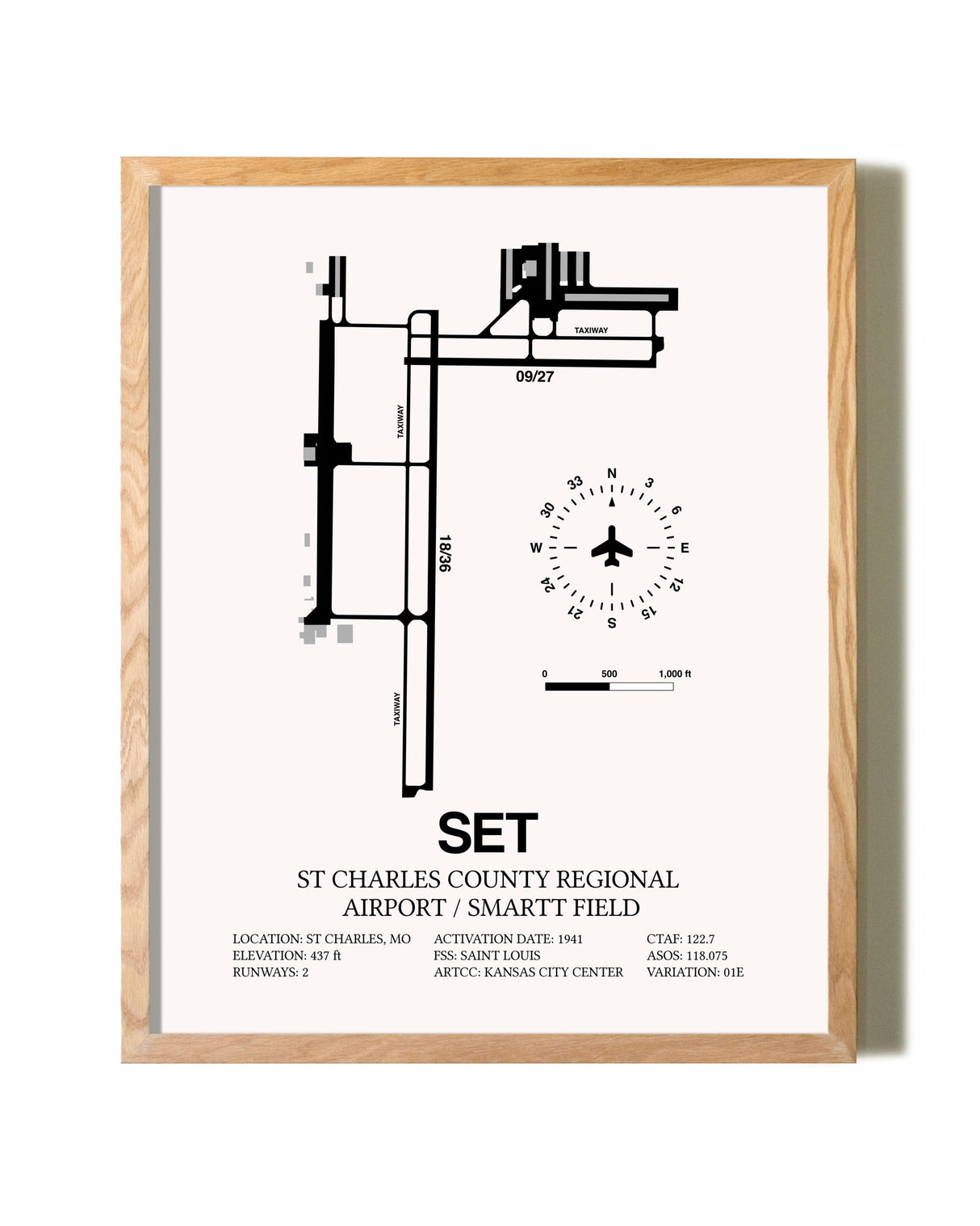 St. Charles County Regional Airport / Smartt Field framed print in natural wood frame