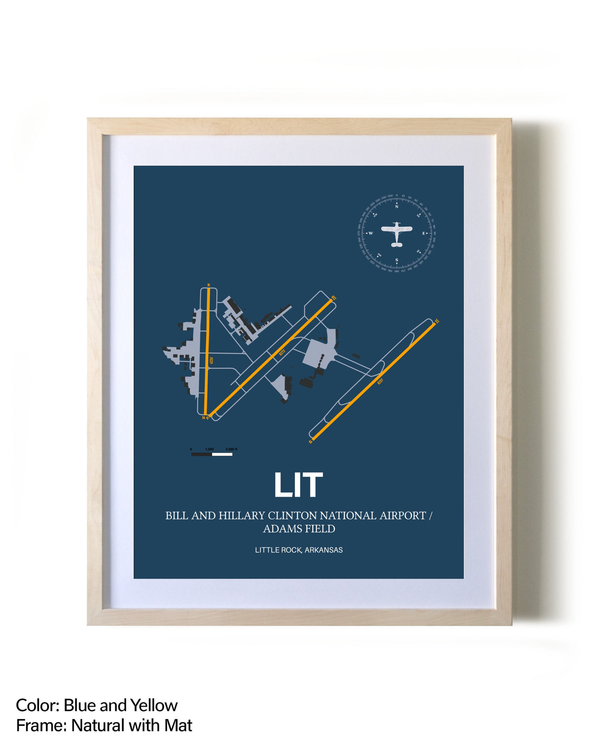 Bill and Hillary Clinton National Airport/Adams Field framed print in natural wood frame with mat