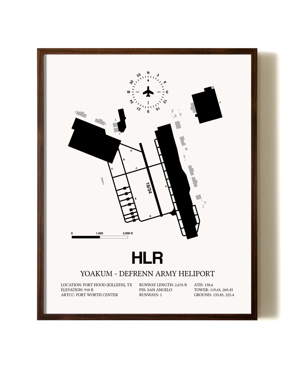 Yoakum-Defrenn Army Heliport aviation print in walnut frame
