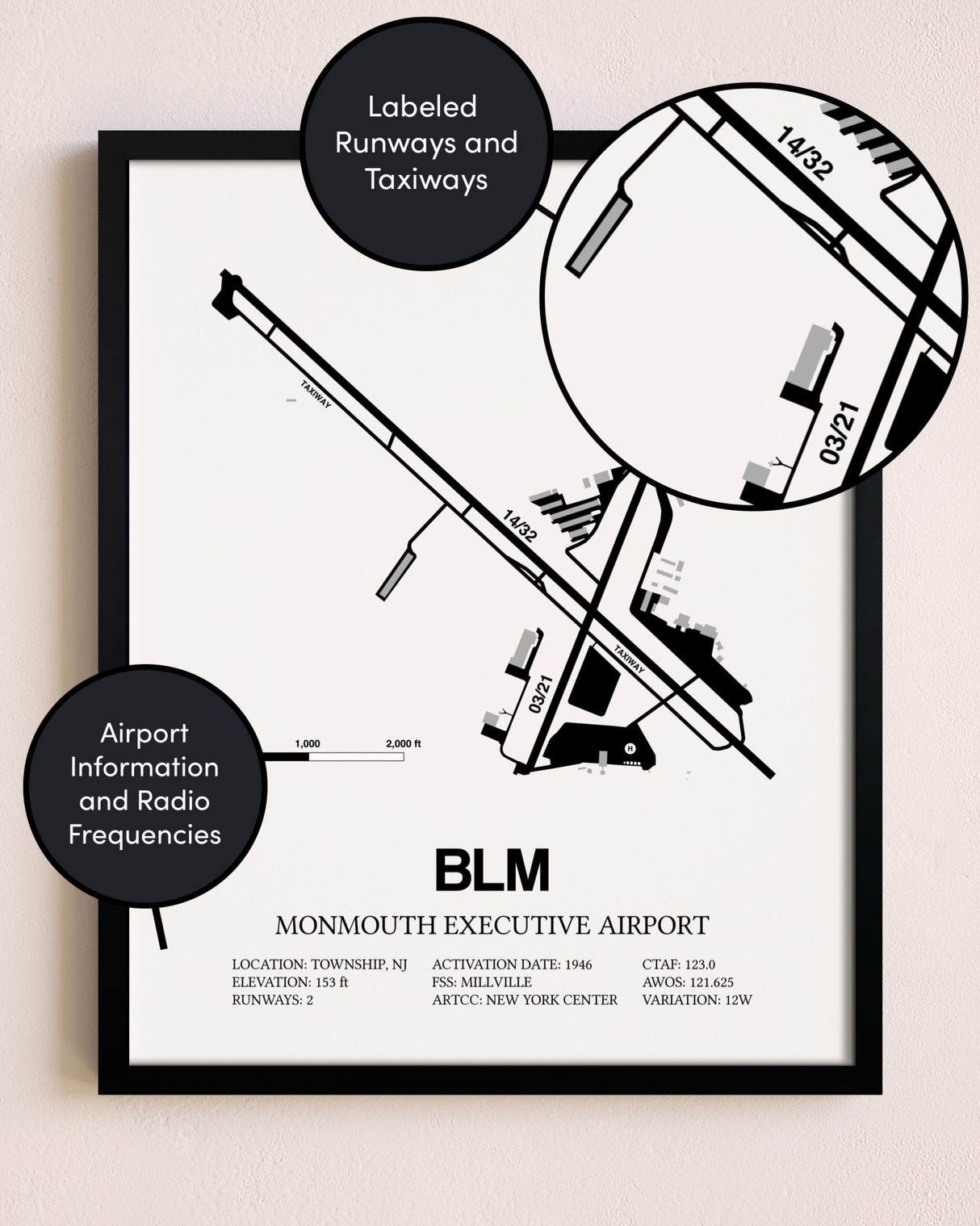 Framed Monmouth Executive Airport layout wall art poster