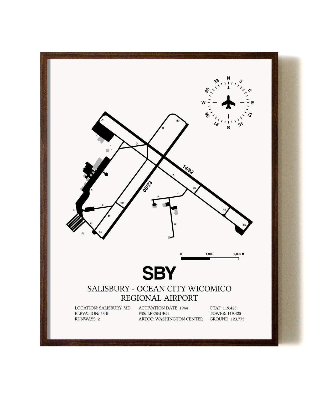 Salisbury-Ocean City Wicomico Regional Airport aviation print in walnut frame