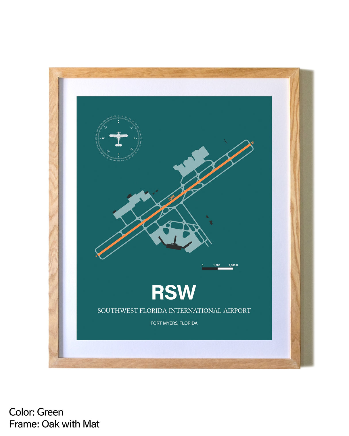 Southwest Florida International Airport airport map poster in oak frame with mat