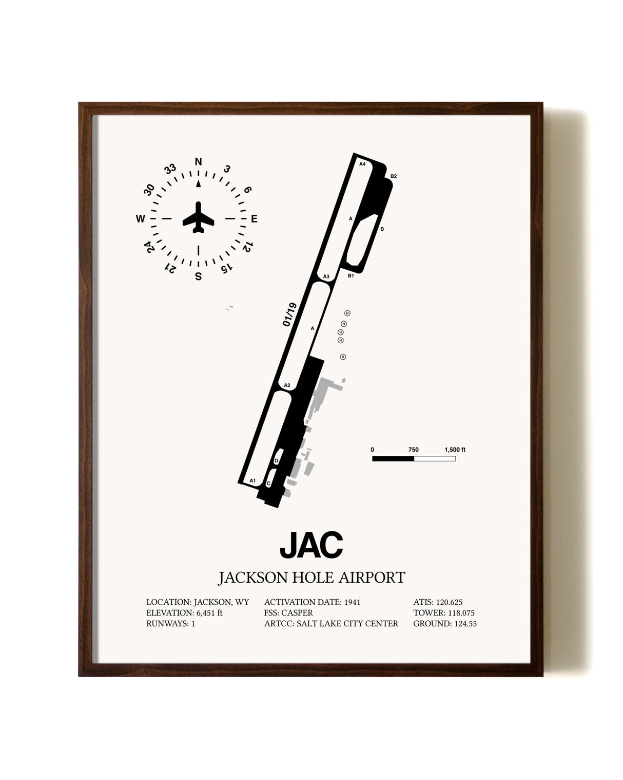 Jackson Hole Airport aviation print in walnut frame
