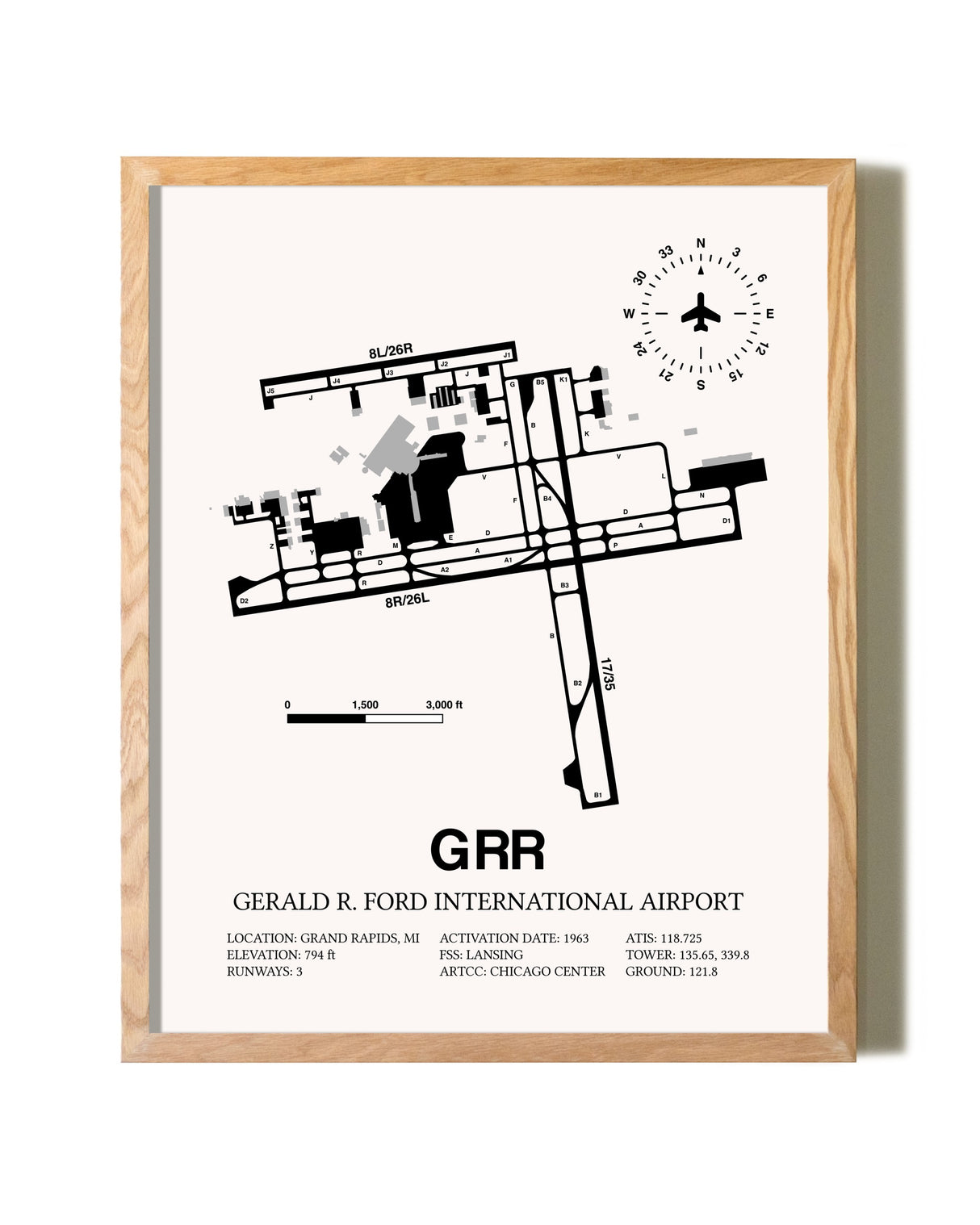 Gerald R. Ford International Airport framed print in natural wood frame