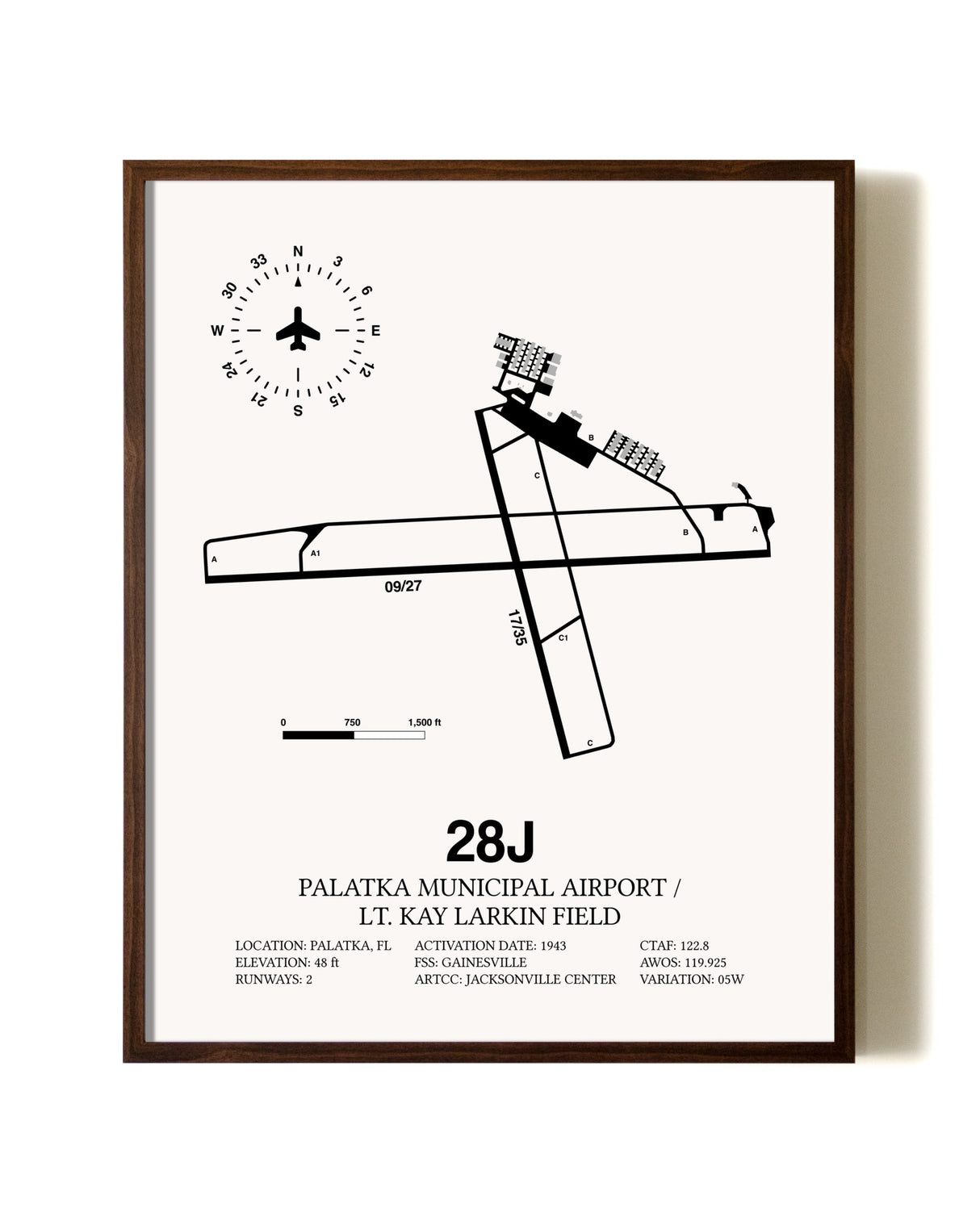Palatka Municipal Airport / Lt. Kay Larkin Field aviation print in walnut frame
