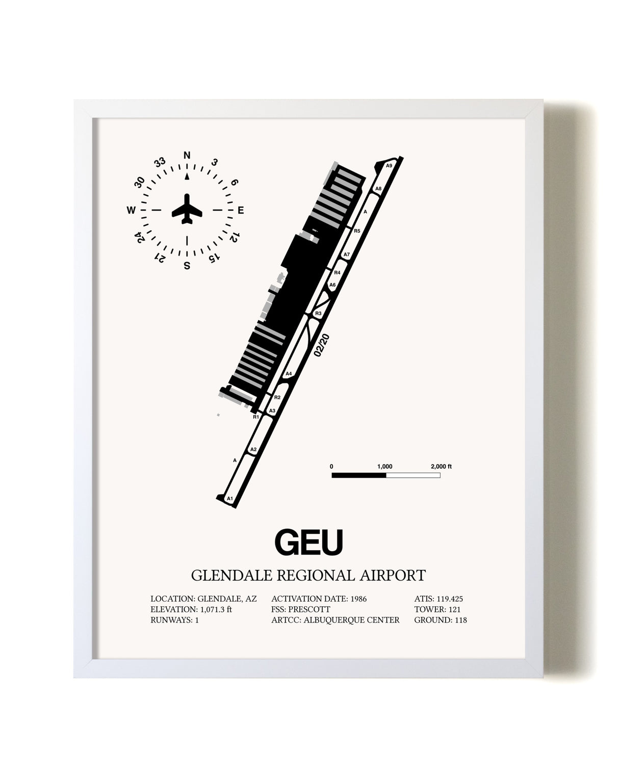 Glendale Regional Airport airport map poster in oak frame
