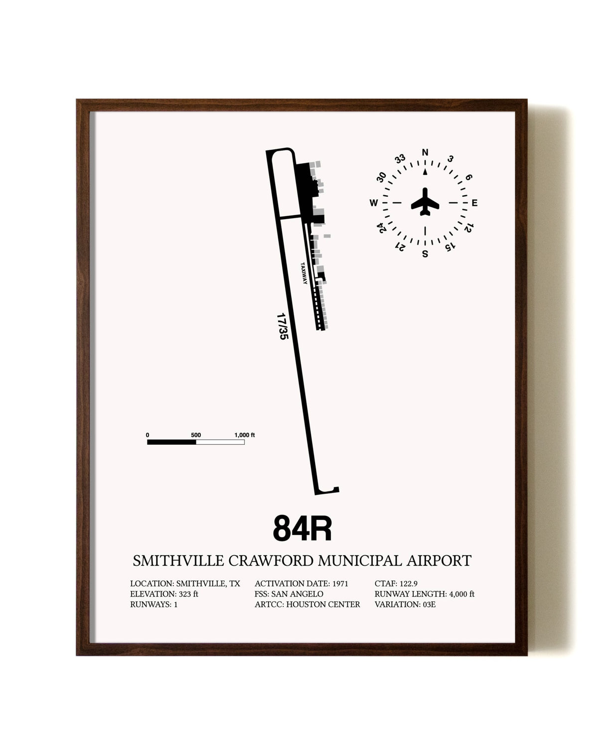 Smithville Crawford Municipal Airport aviation print in walnut frame