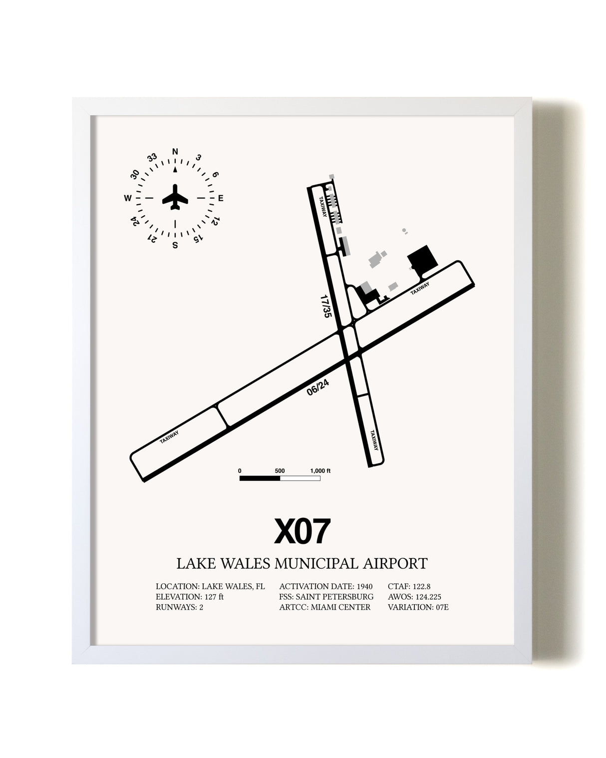 Lake Wales Municipal Airport airport map poster in oak frame