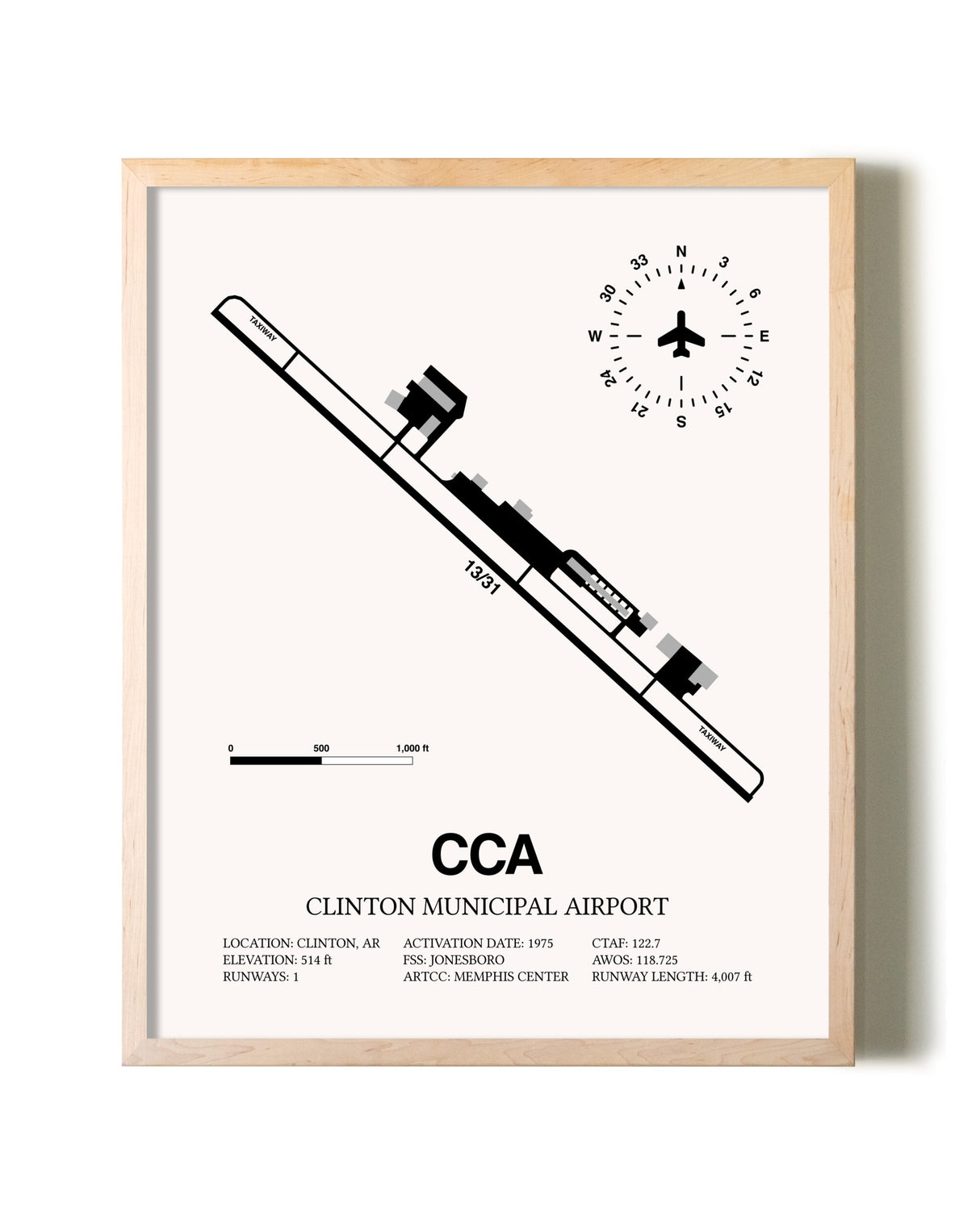 Clinton Municipal Airport framed wall art in white frame
