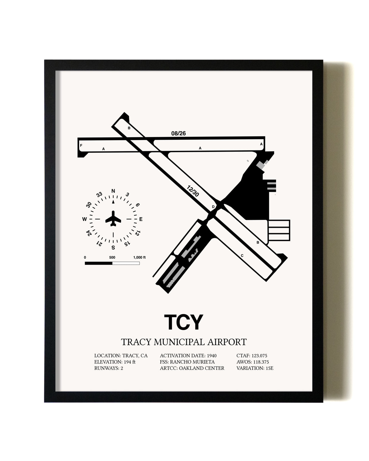 Framed Tracy Municipal Airport wall art poster in black frame