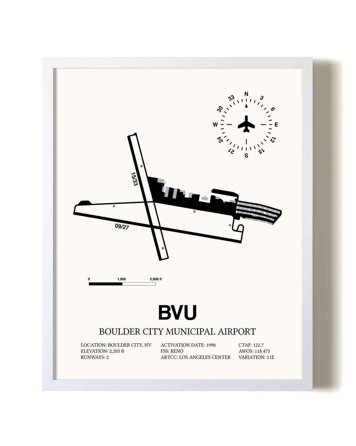 Boulder City Municipal Airport airport map poster in oak frame