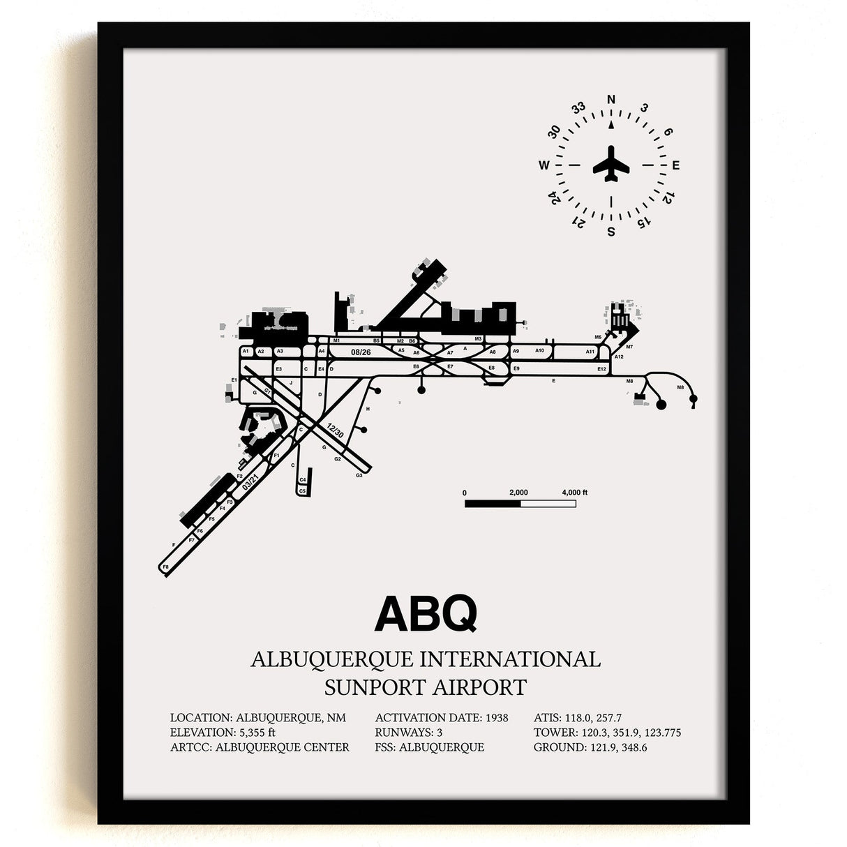 Framed Detailed Airport Map of Albuquerque International Sunport (ABQ) in White with a Black Frame