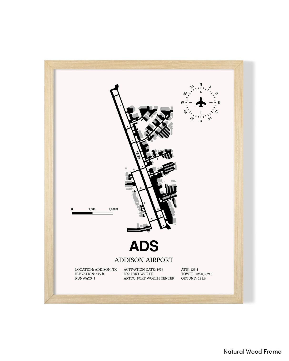Detailed Airport Map of Addison Airport (ADS) in White with a Natural Frame