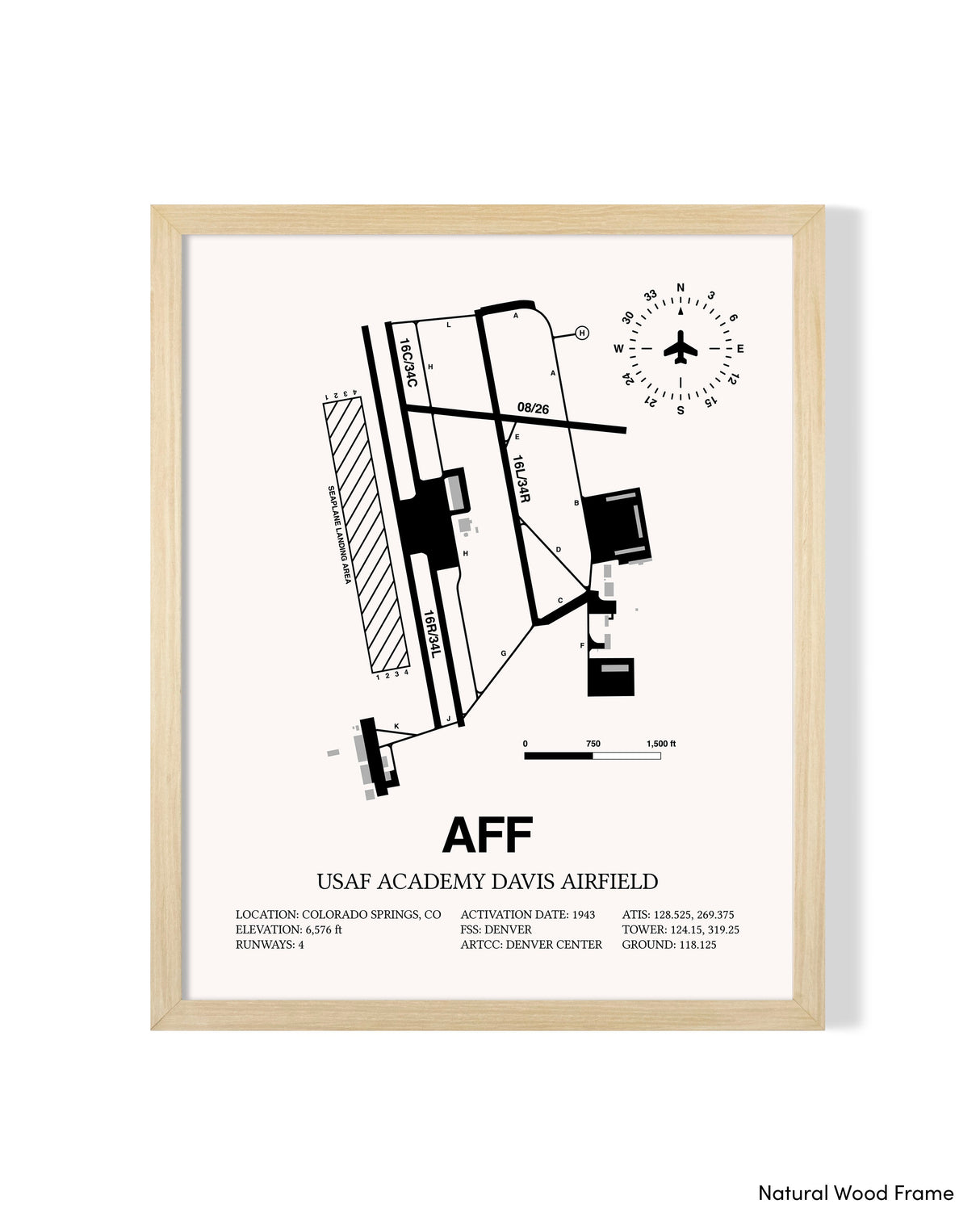 Detailed Airport Map of USAF Academy Davis Airfield (AFF) in White with a Natural Frame
