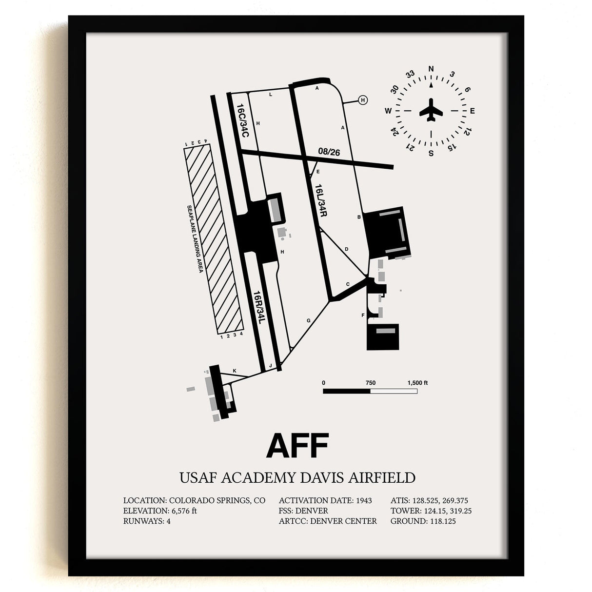 Framed Detailed Airport Map of USAF Academy Davis Airfield (AFF) in White with a Black Frame