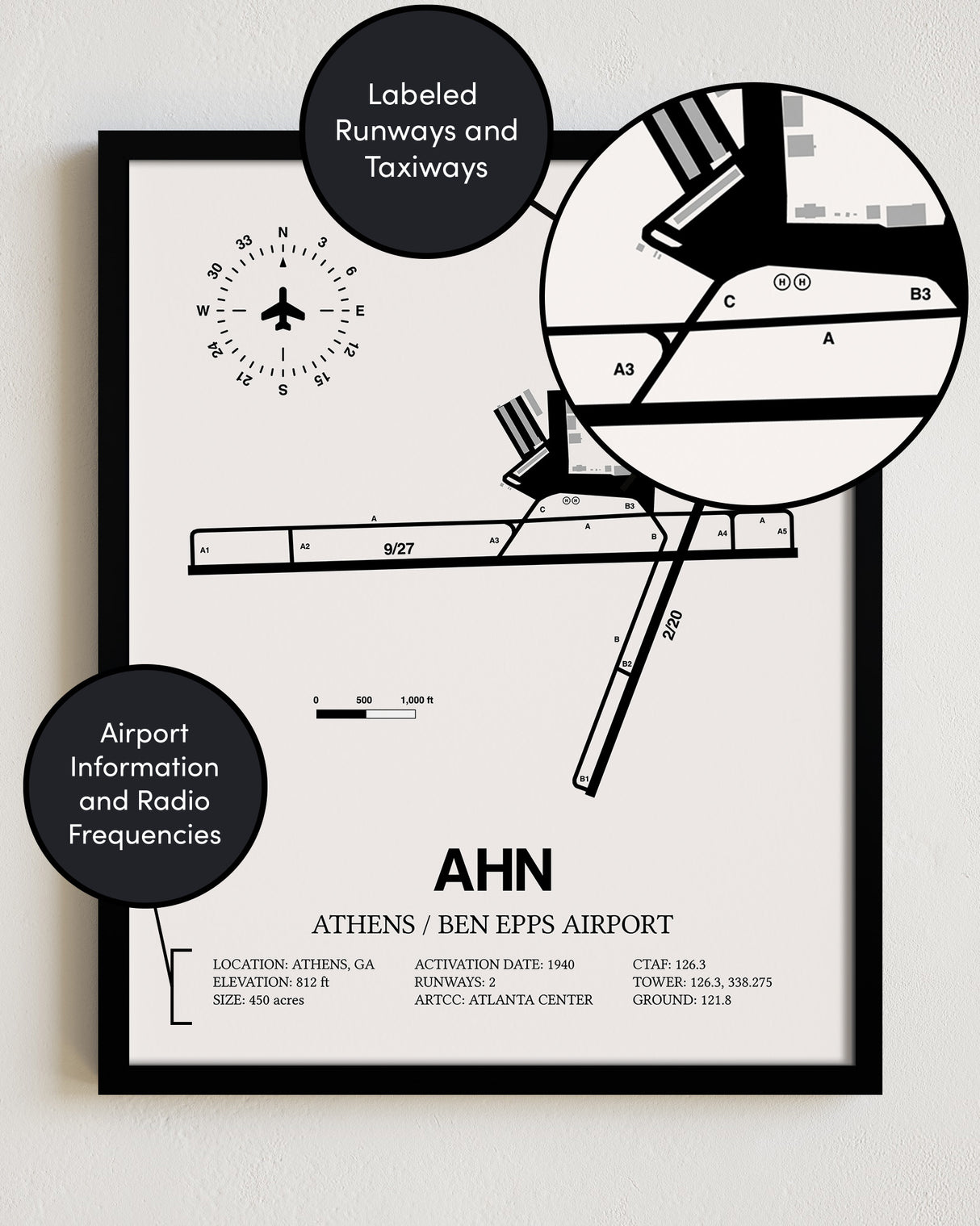 Framed Detailed Airport Map of Athens Ben Epps Airport (AHN) in White with a Black Frame