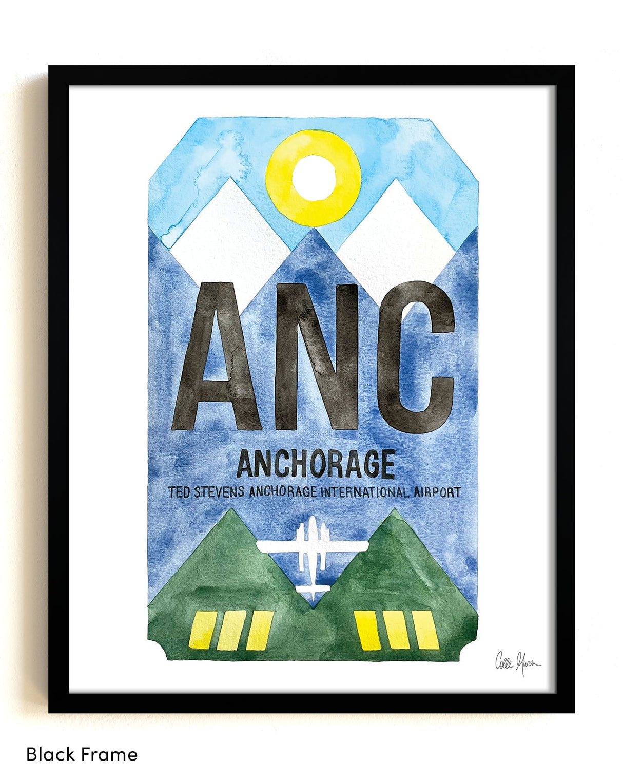 Framed Watercolor Print of Ted Stevens Anchorage International Airport (ANC) with a Black Frame