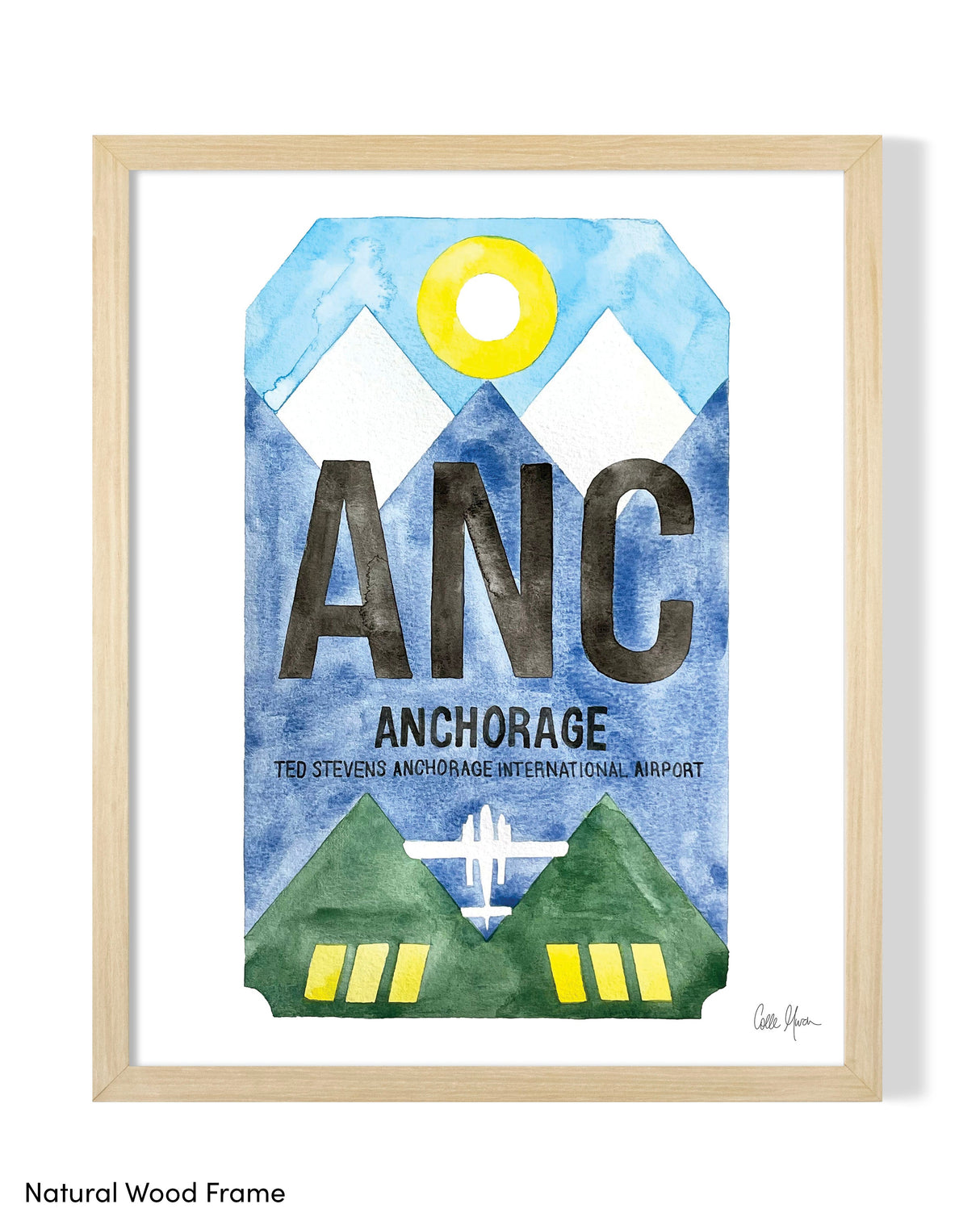 Framed Watercolor Print of Ted Stevens Anchorage International Airport (ANC) with a Natural Wood Frame