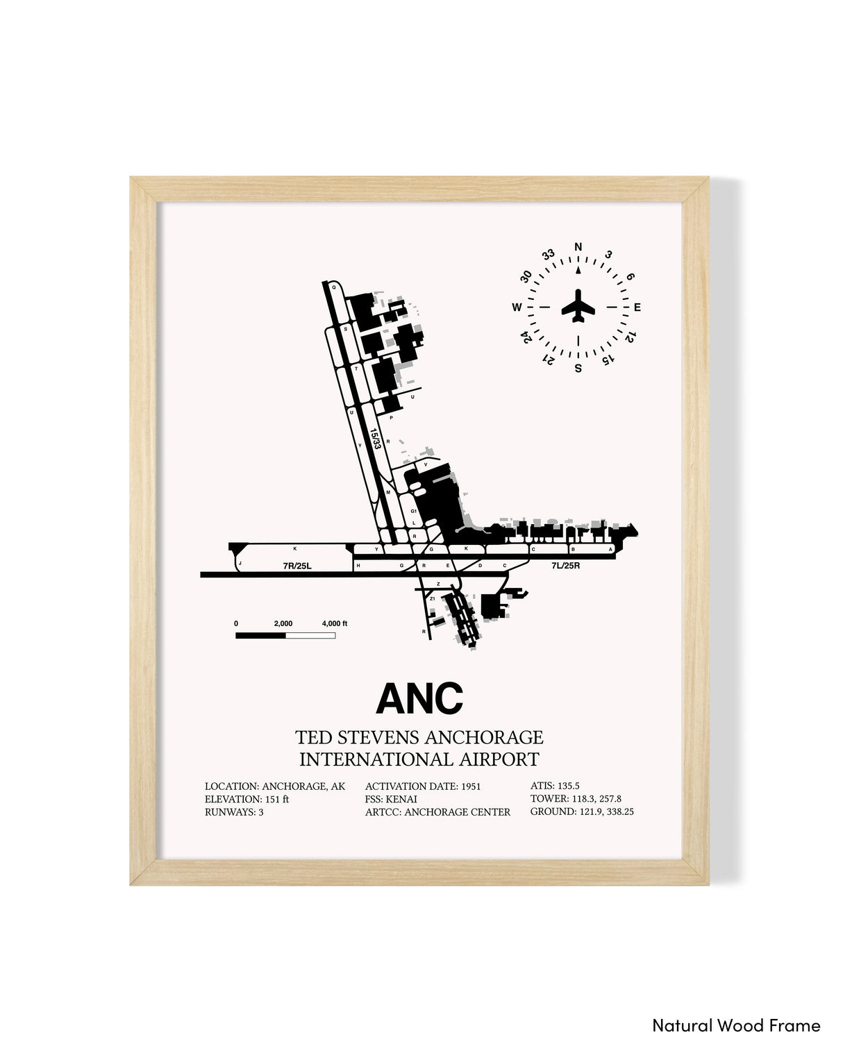 Detailed Airport Map of Ted Stevens Anchorage International Airport (ANC) in White with a Natural Frame