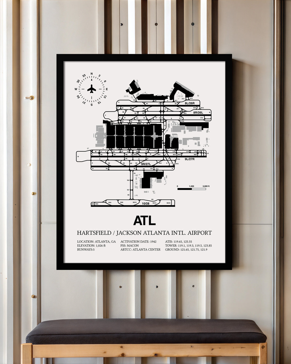 Framed Detailed Airport Map of Hartsfield Jackson Atlanta International Airport (ATL) in White with a Black Frame