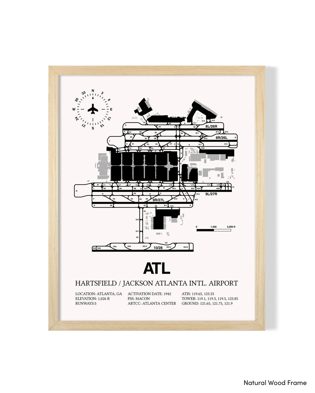 Detailed Airport Map of Hartsfield Jackson Atlanta International Airport (ATL) in White with a Natural Frame