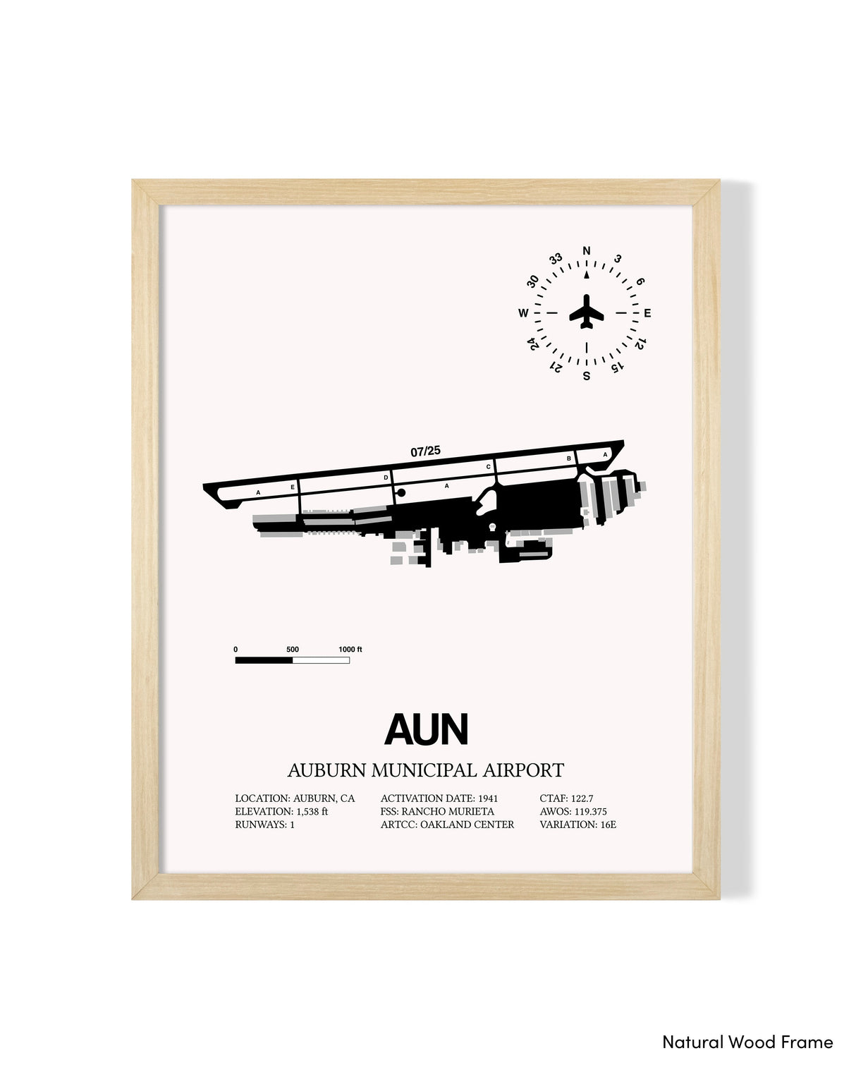 Detailed Airport Map of Auburn Municipal Airport (AUN) in White with a Natural Frame
