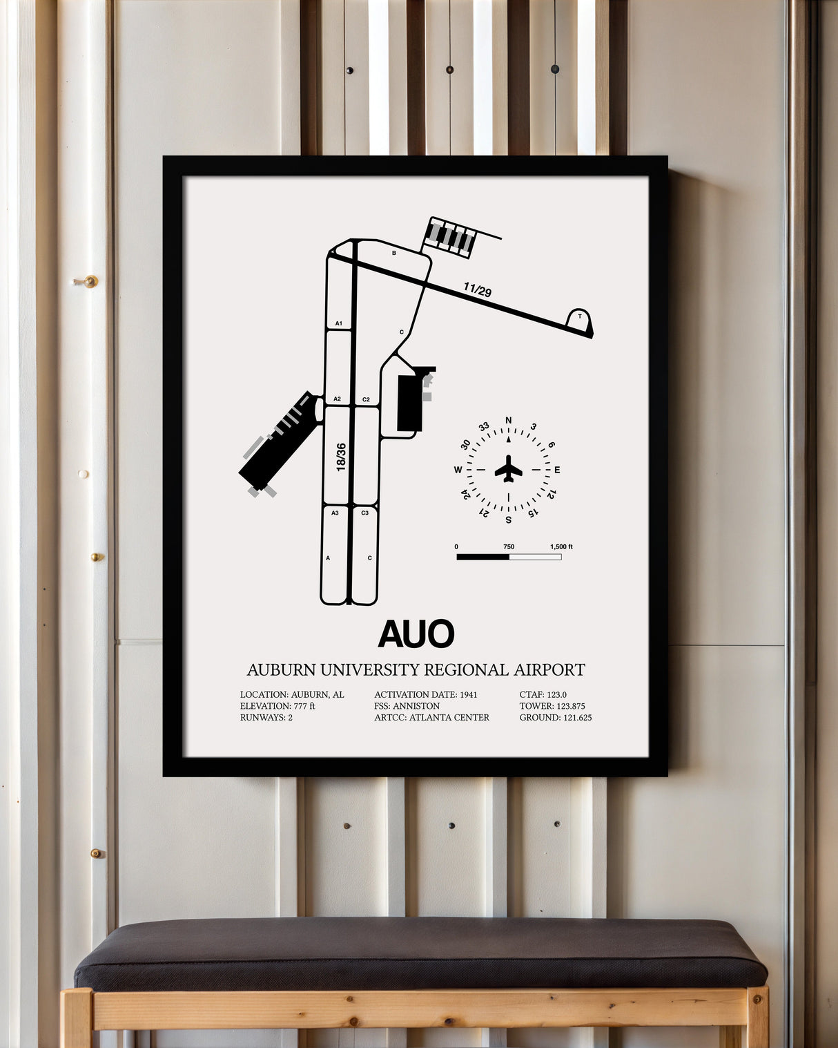 Framed Detailed Airport Map of Auburn University Regional Airport (AUO) in White with a Black Frame