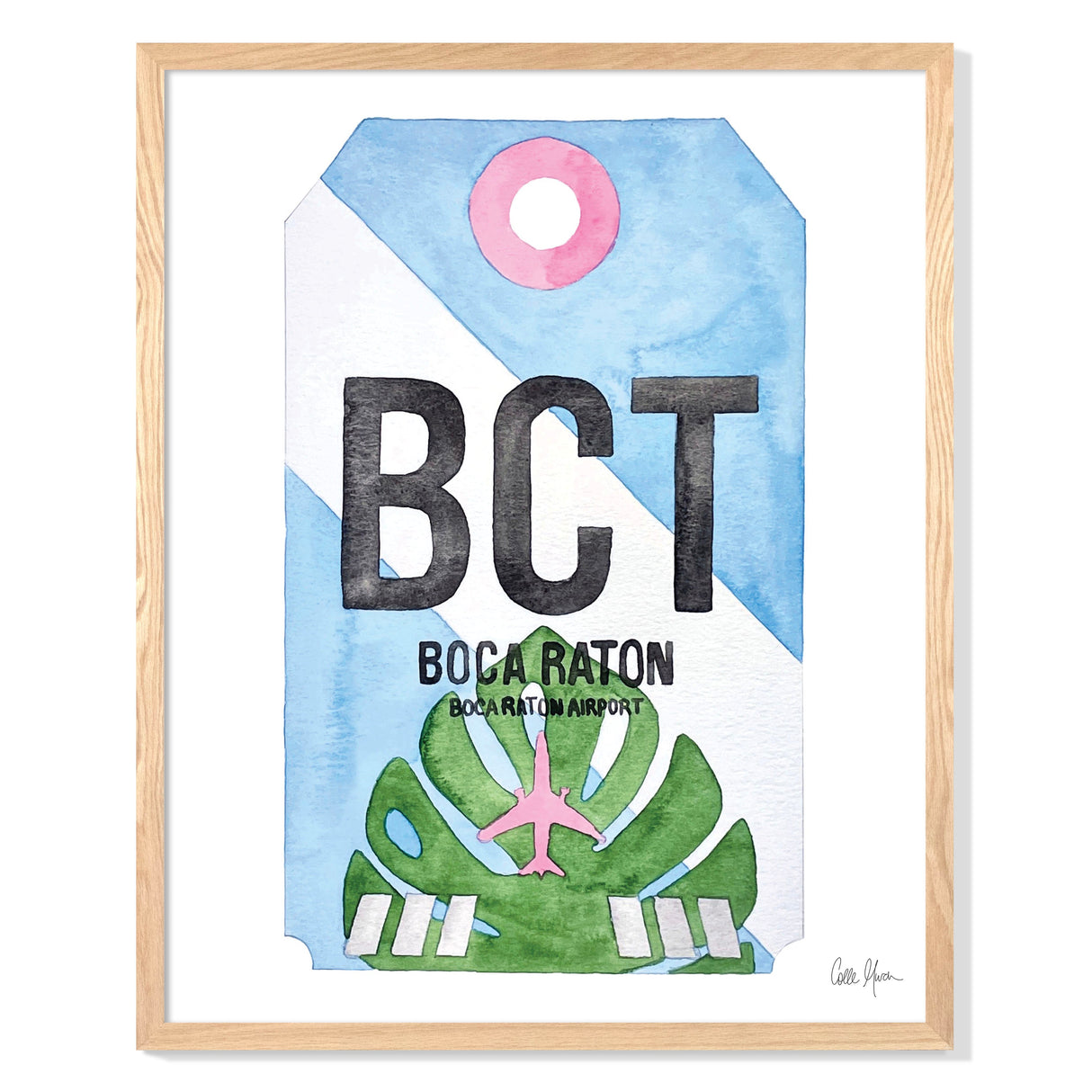 Framed Watercolor Print of Boca Raton Airport (BCT) with an Oak Frame