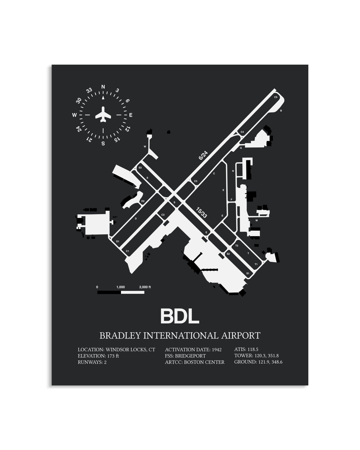 Gray Framed Bradley International Airport layout wall art poster