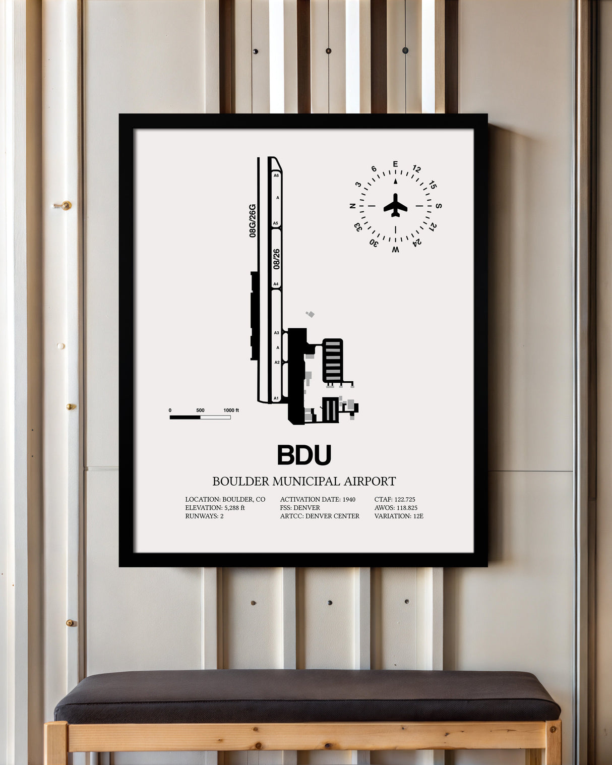 Framed Detailed Airport Map of Boulder Municipal Airport (BDU) in White with a Black Frame