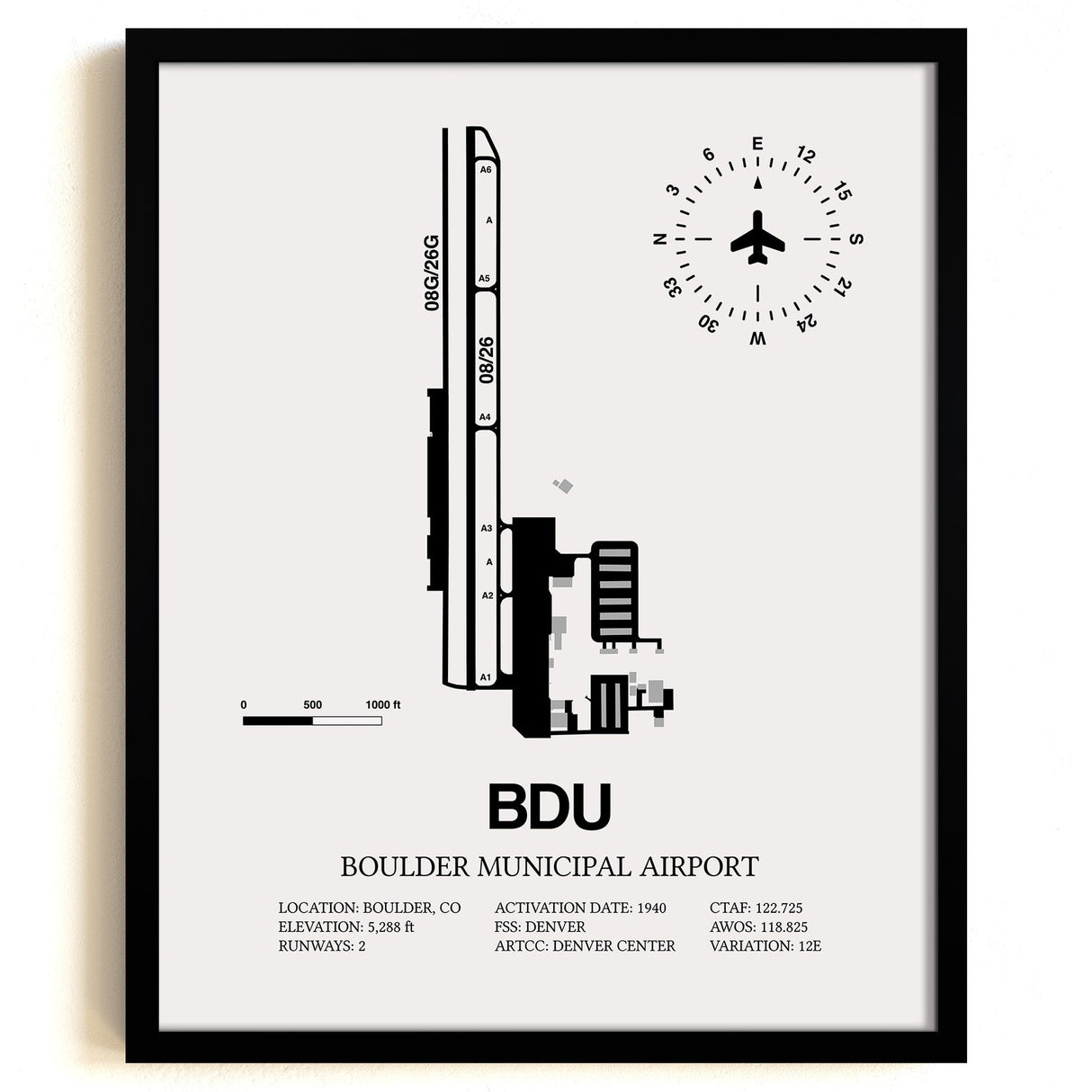 Framed Detailed Airport Map of Boulder Municipal Airport (BDU) in White with a Black Frame