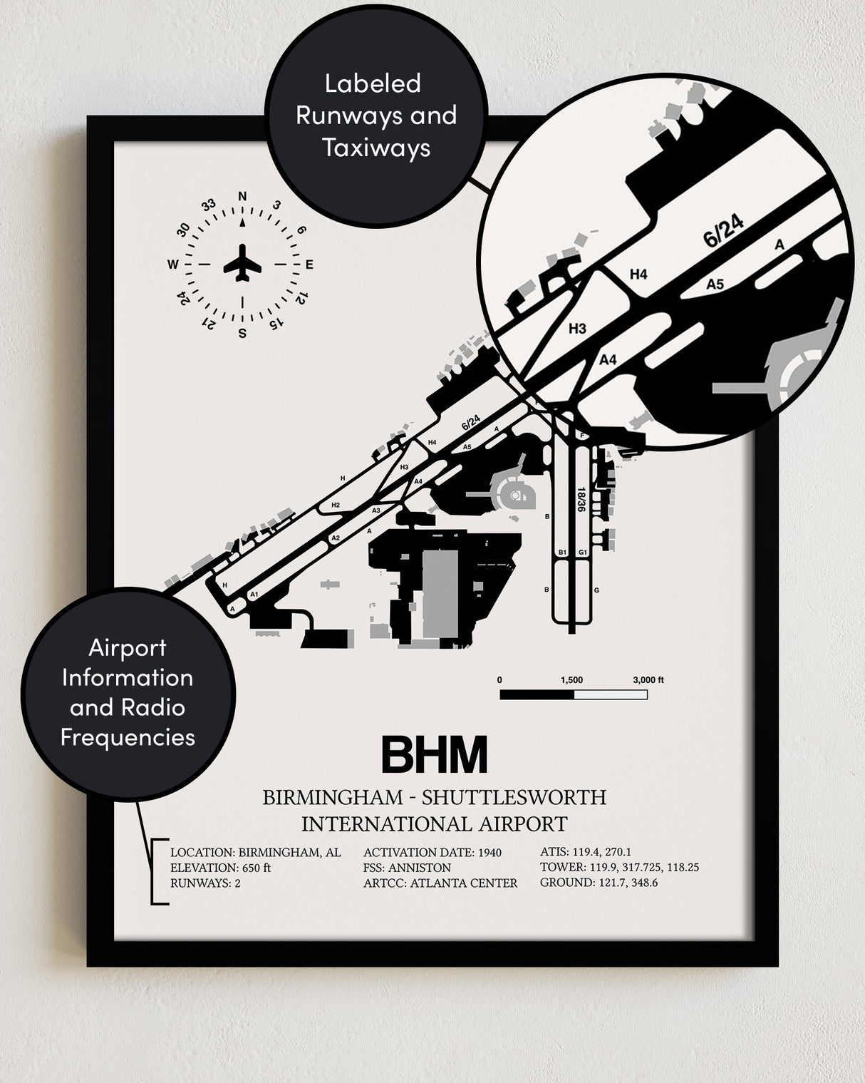 Framed Detailed Airport Map of Birmingham-Shuttlesworth International Airport (BHM) in White with a Black Frame