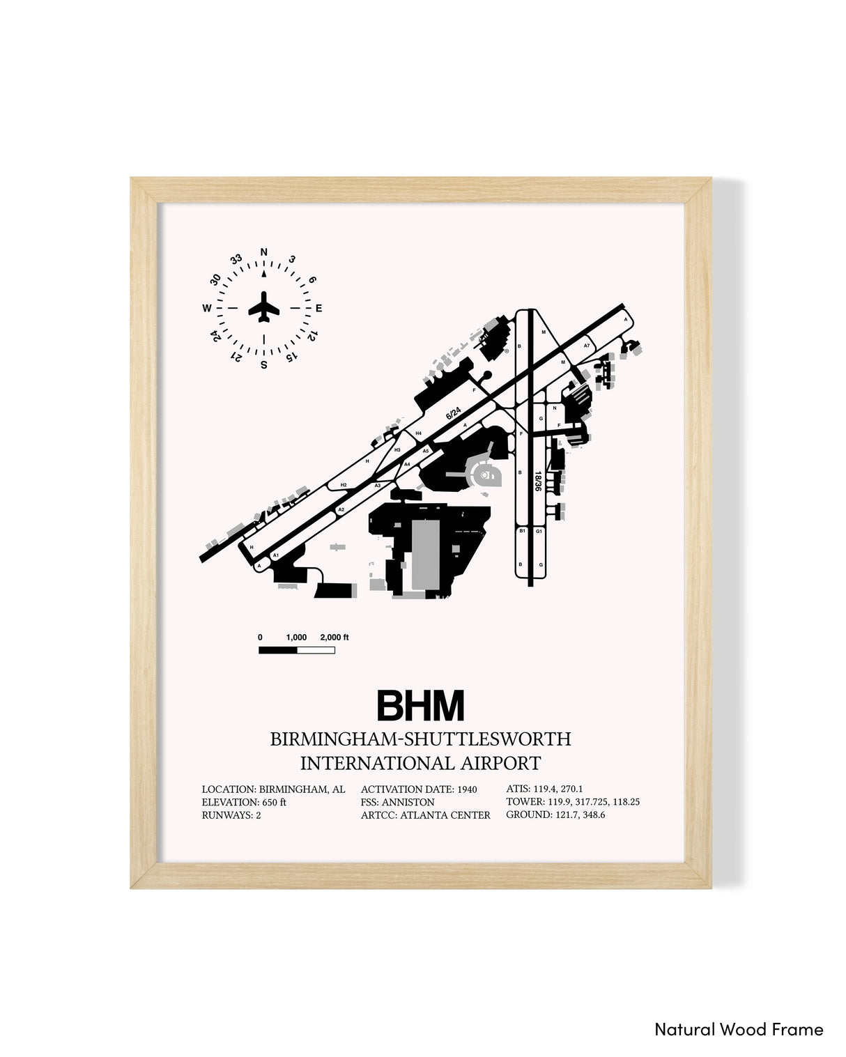 Detailed Airport Map of Birmingham-Shuttlesworth International Airport (BHM) in White with a Natural Frame