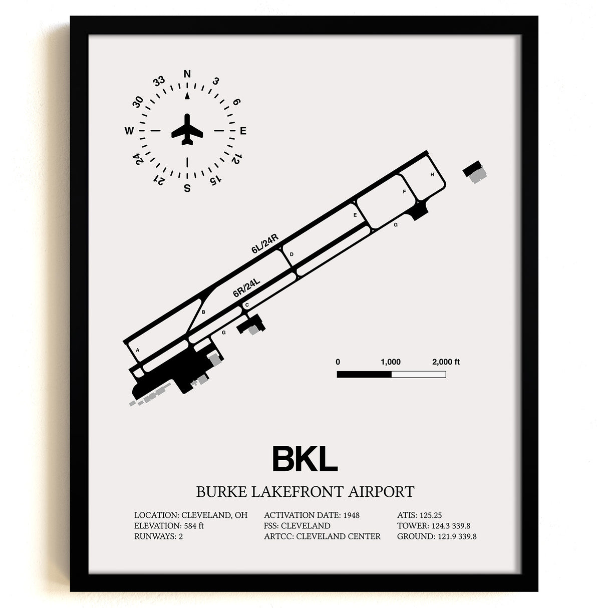 Framed Detailed Airport Map of Burke Lakefront Airport (BKL) in White with a Black Frame