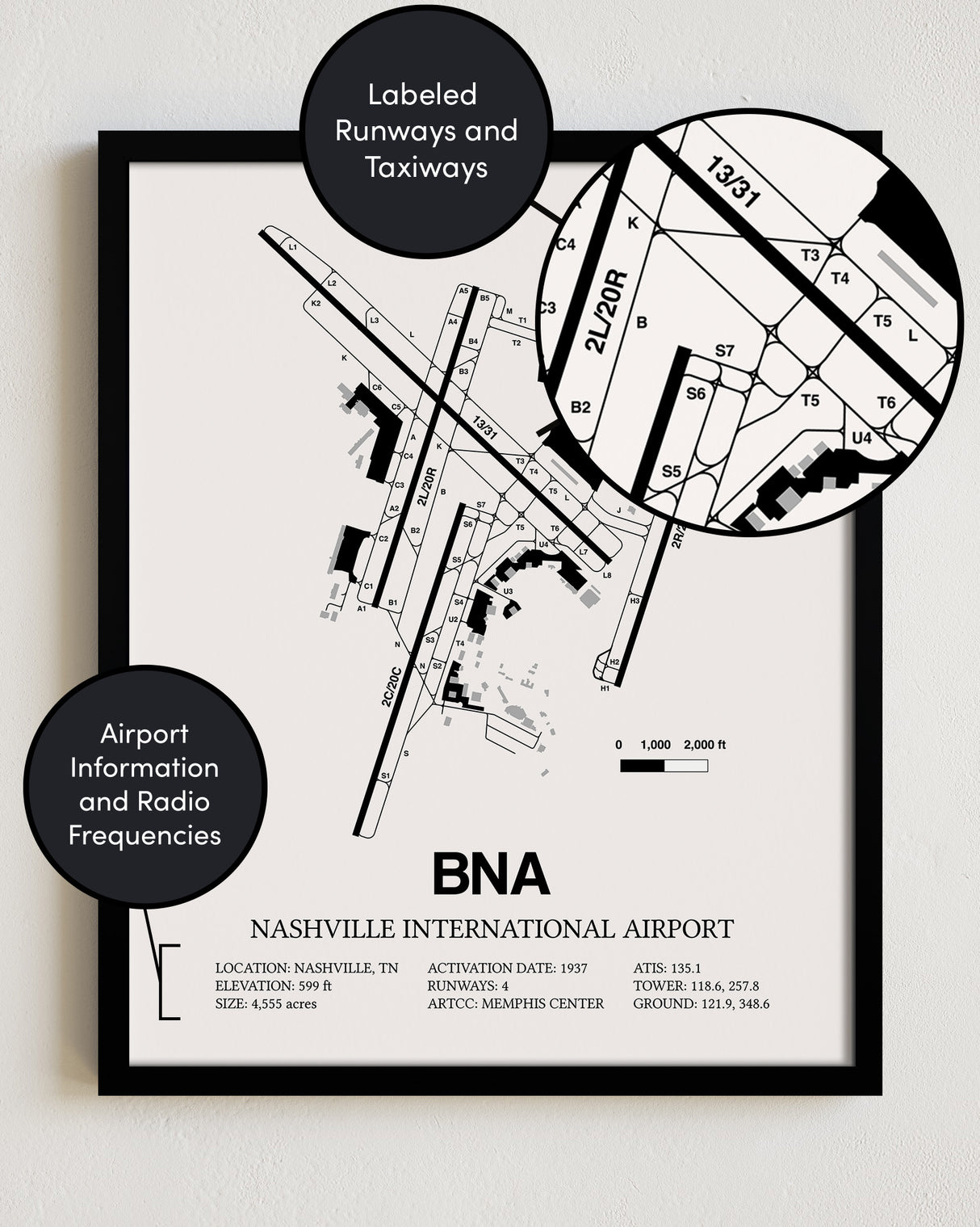 Framed Detailed Airport Map of Nashville International Airport (BNA) in White with a Black Frame