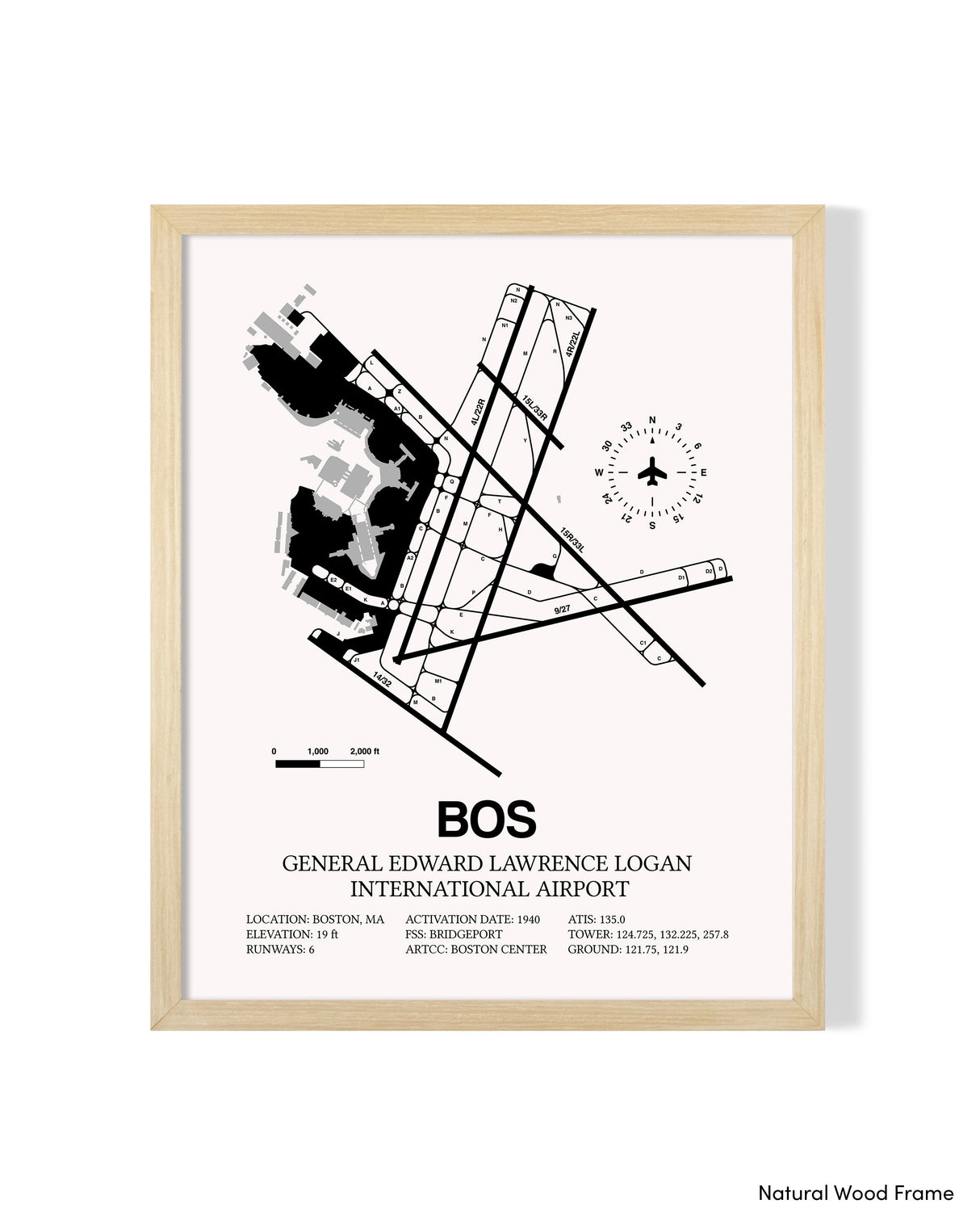 Detailed Airport Map of Logan International Airport (BOS) in White with a Natural Frame