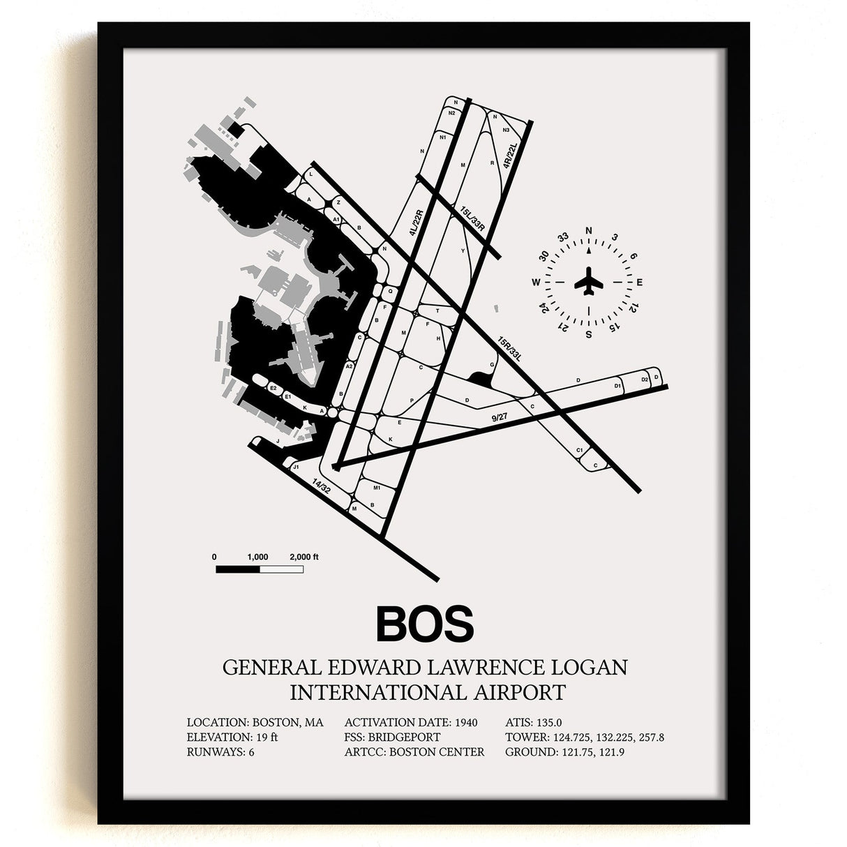 Framed Detailed Airport Map of Logan International Airport (BOS) in White with a Black Frame