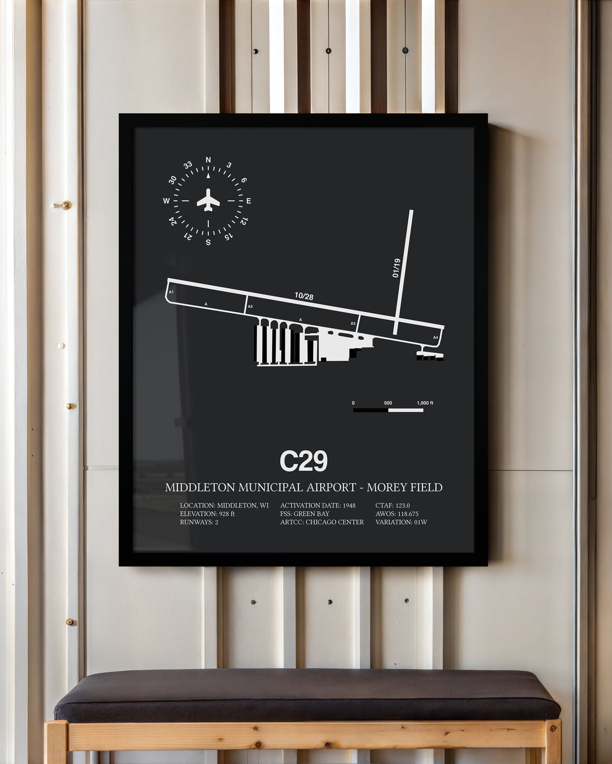 Framed Detailed Airport Map of Middleton Municipal Airport - Morey Field (C29) in Gray with a Black Frame