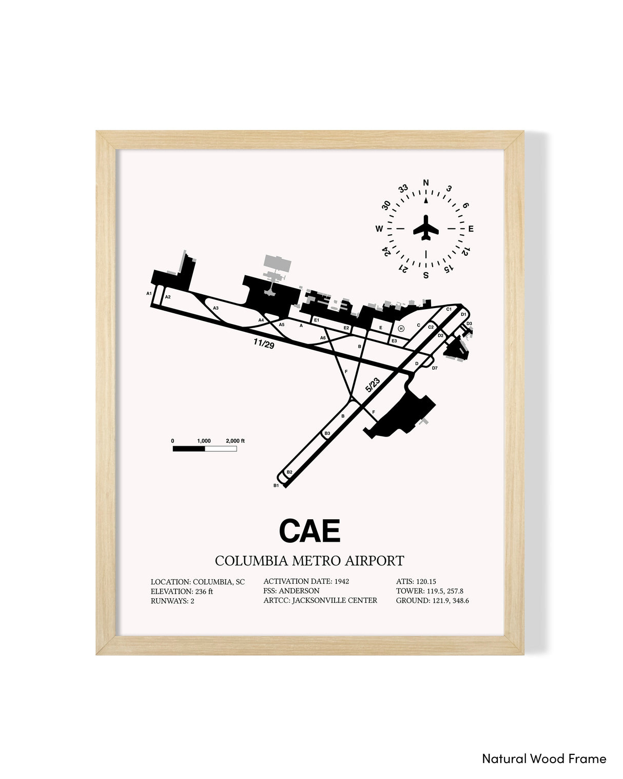 Detailed Airport Map of Columbia Metro Airport (CAE) in White with a Natural Frame