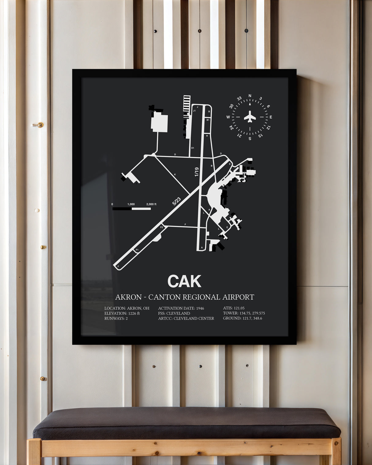 Framed Detailed Airport Map of Akron - Canton Regional Airport (CAK) in Gray with a Black Frame