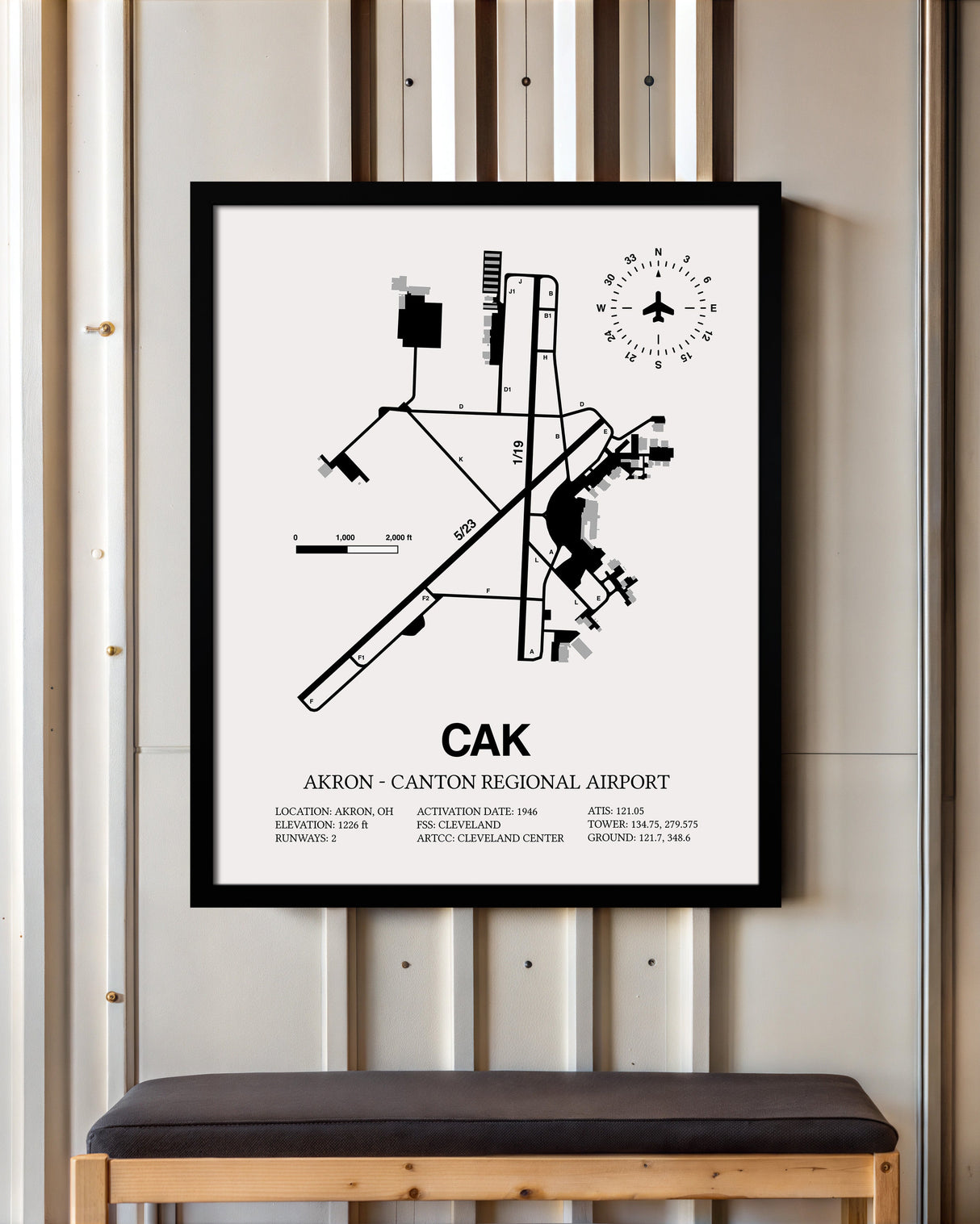 Framed Detailed Airport Map of Akron - Canton Regional Airport (CAK) in White with a Black Frame