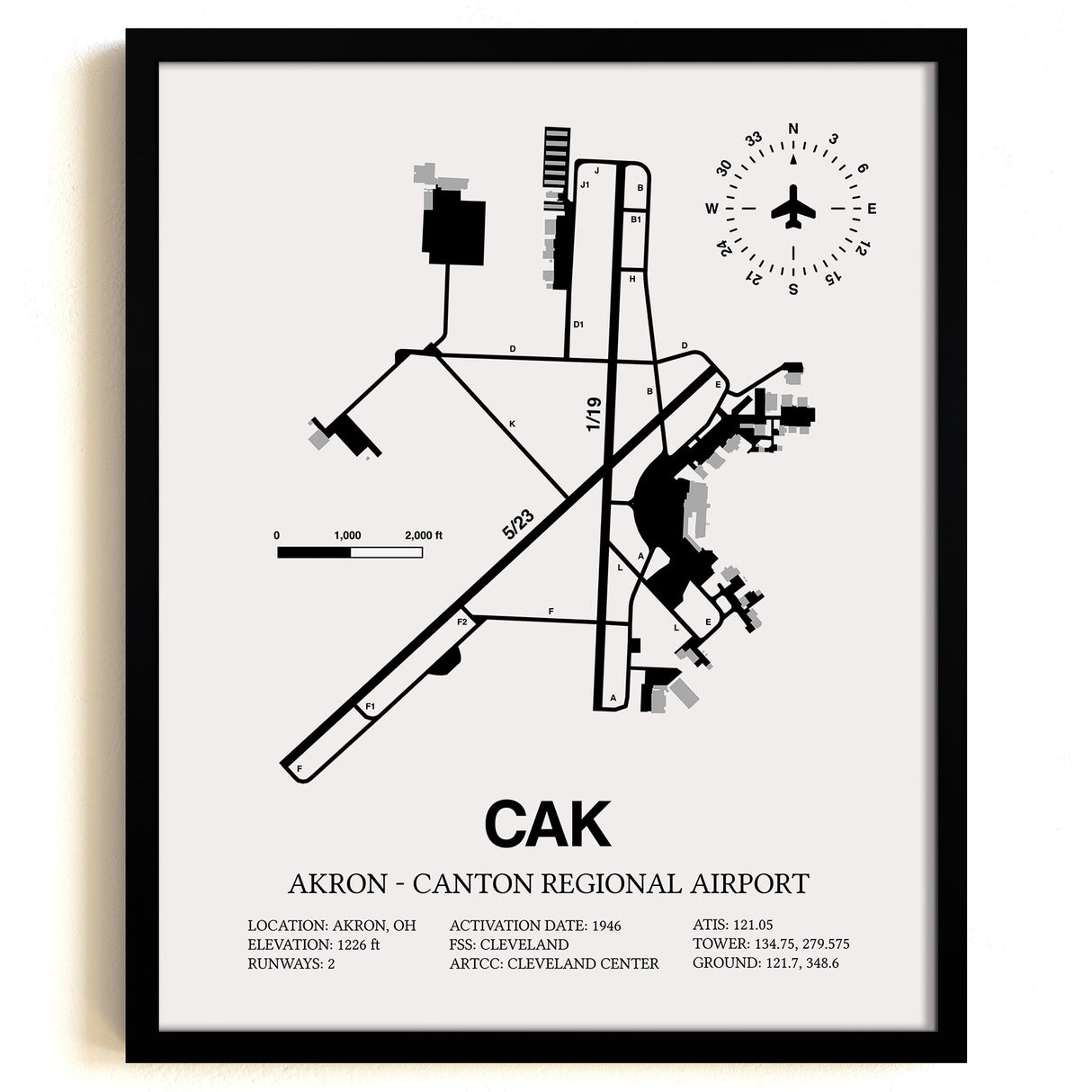 Framed Detailed Airport Map of Akron - Canton Regional Airport (CAK) in White with a Black Frame