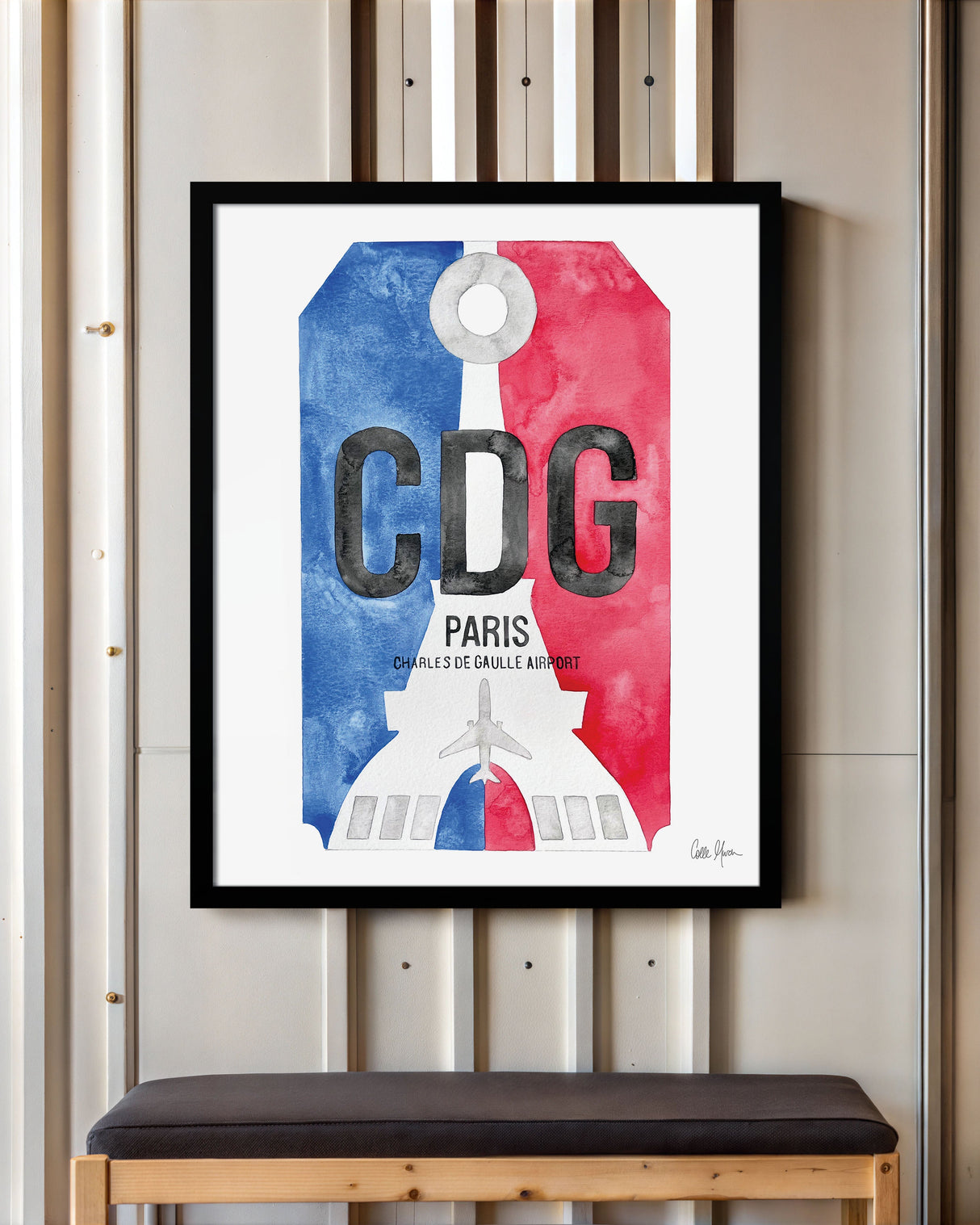 Framed Watercolor Print of Paris Charles de Gaulle Airport (CDG) with a Black Frame