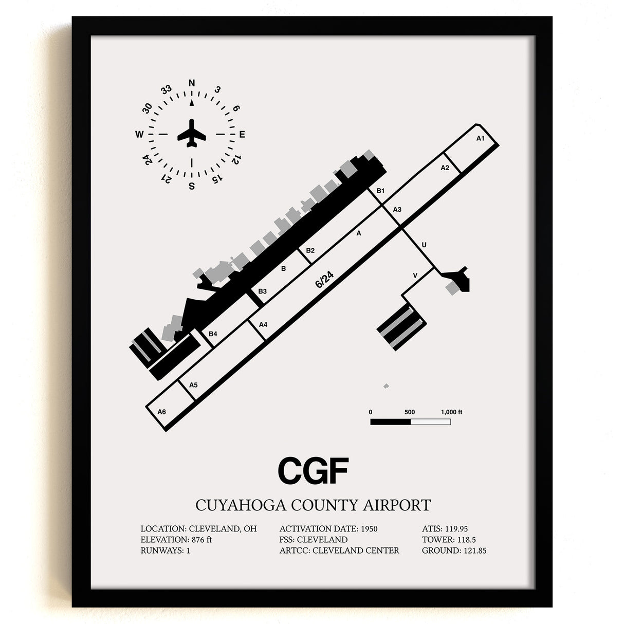 Framed Detailed Airport Map of Cuyahoga County Airport (CGF) in White with a Black Frame