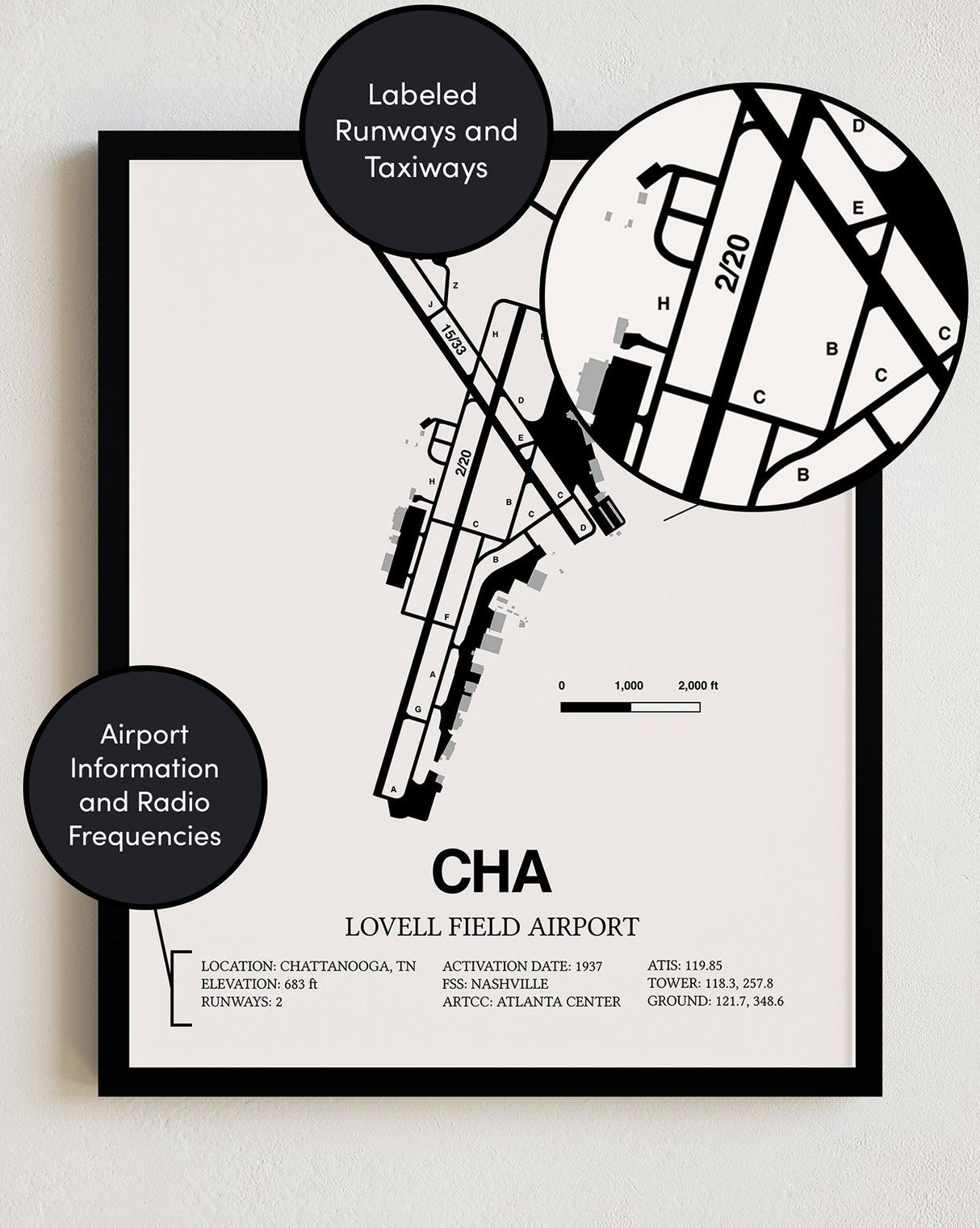 Framed Detailed Airport Map of Lovell Field Airport (CHA) in White with a Black Frame