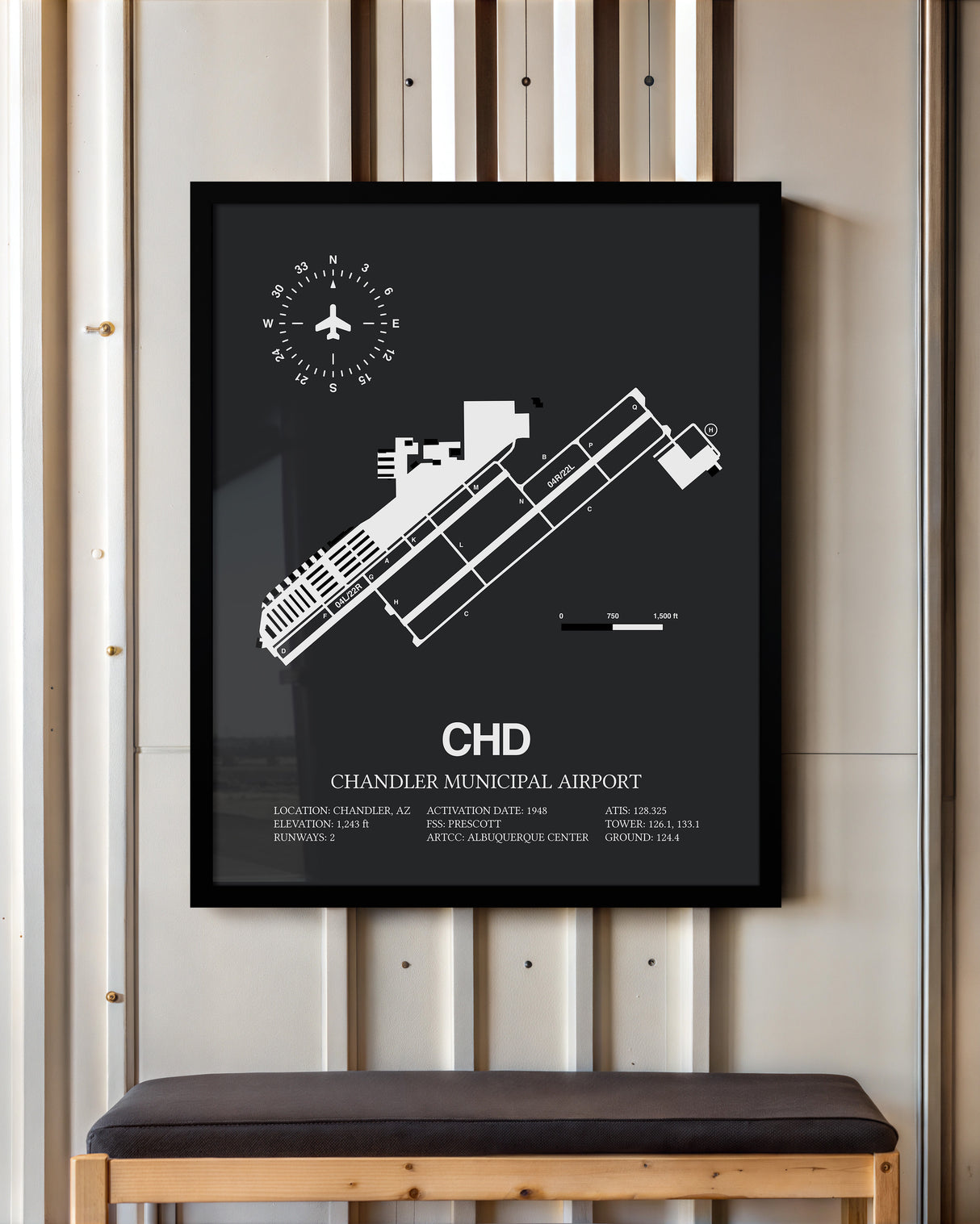 Framed Detailed Airport Map of Chandler Municipal Airport (CHD) in Gray with a Black Frame