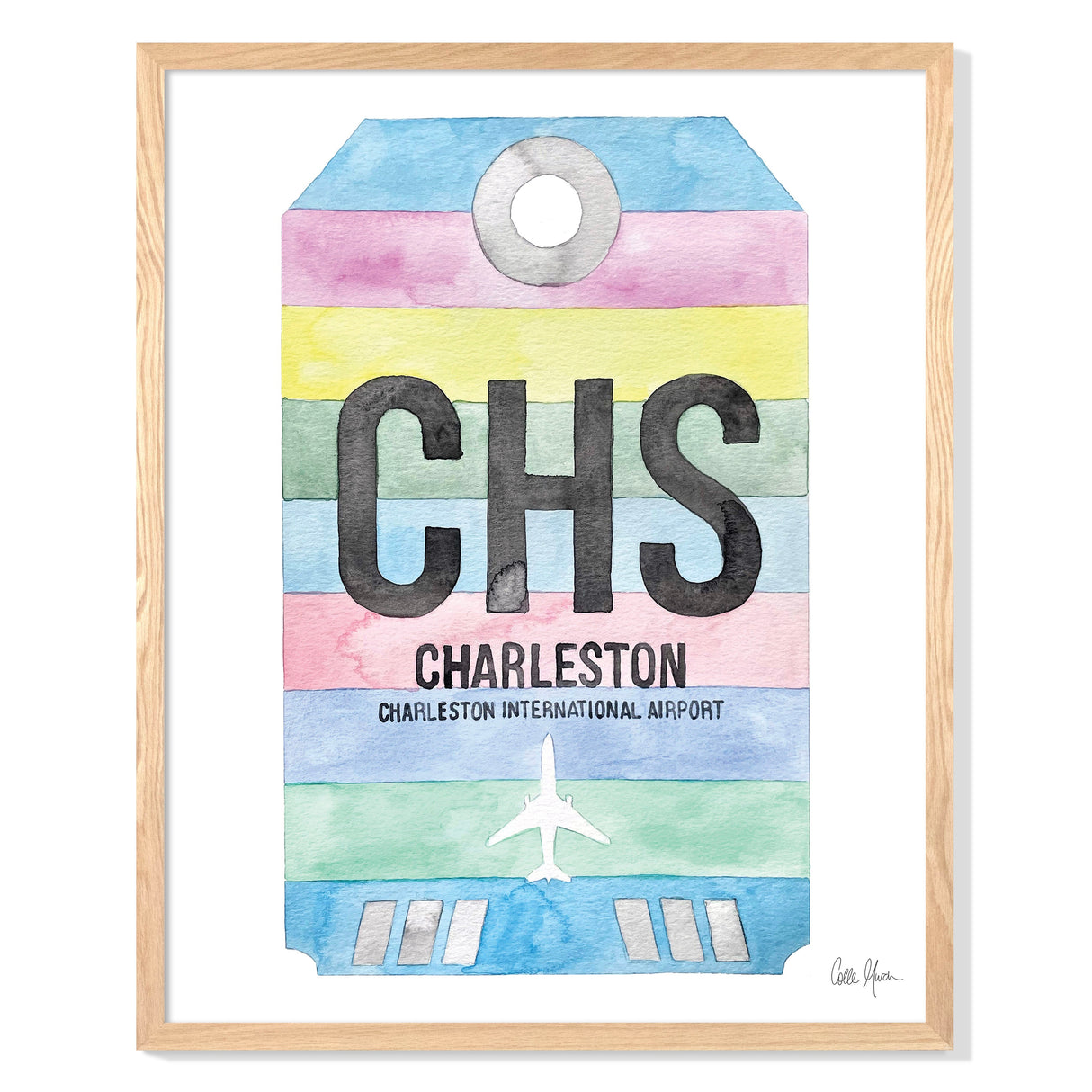 Framed Watercolor Print of Charleston International Airport (CHS) with an Oak Frame