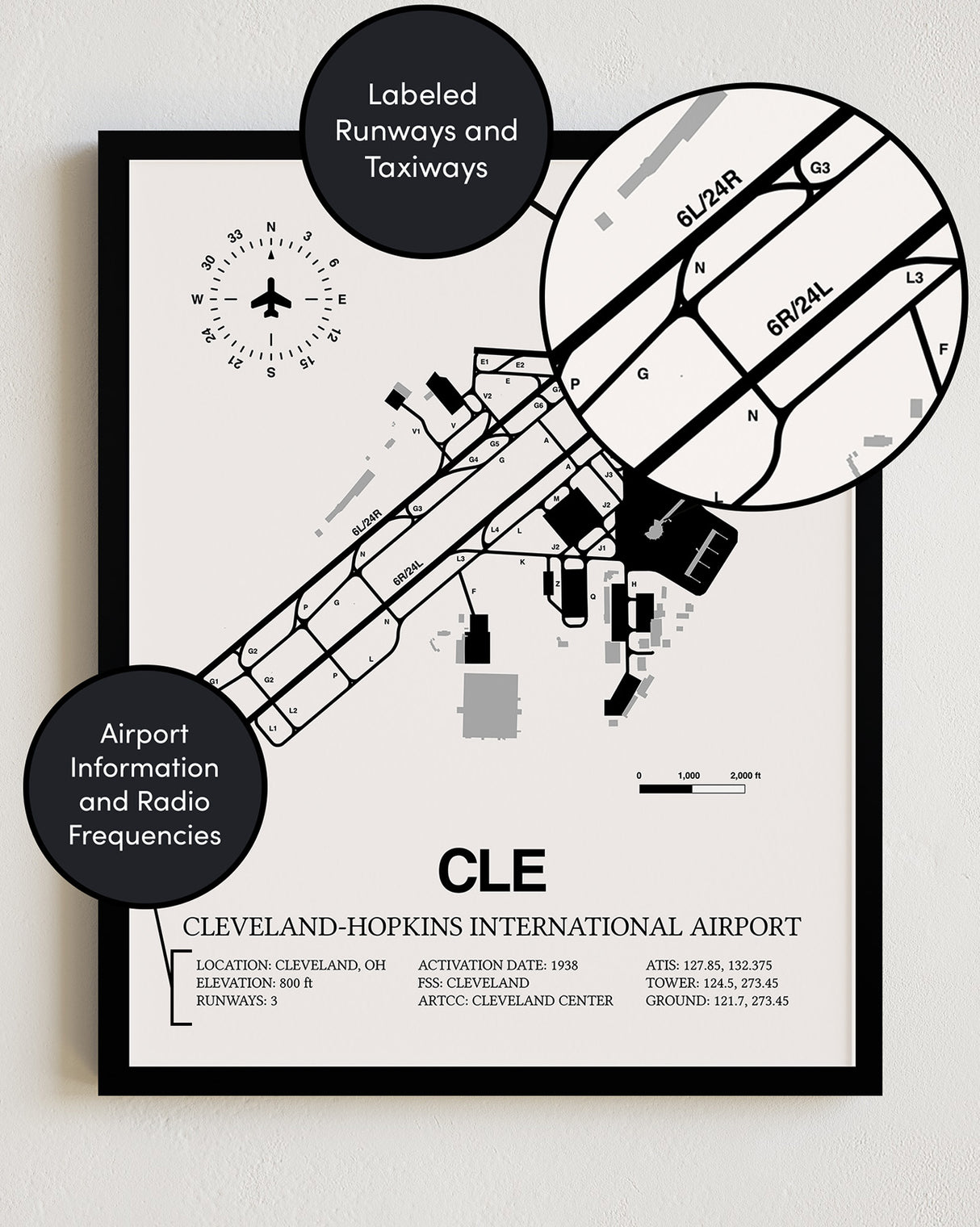 Framed Detailed Airport Map of Cleveland Hopkins International Airport (CLE) in White with a Black Frame